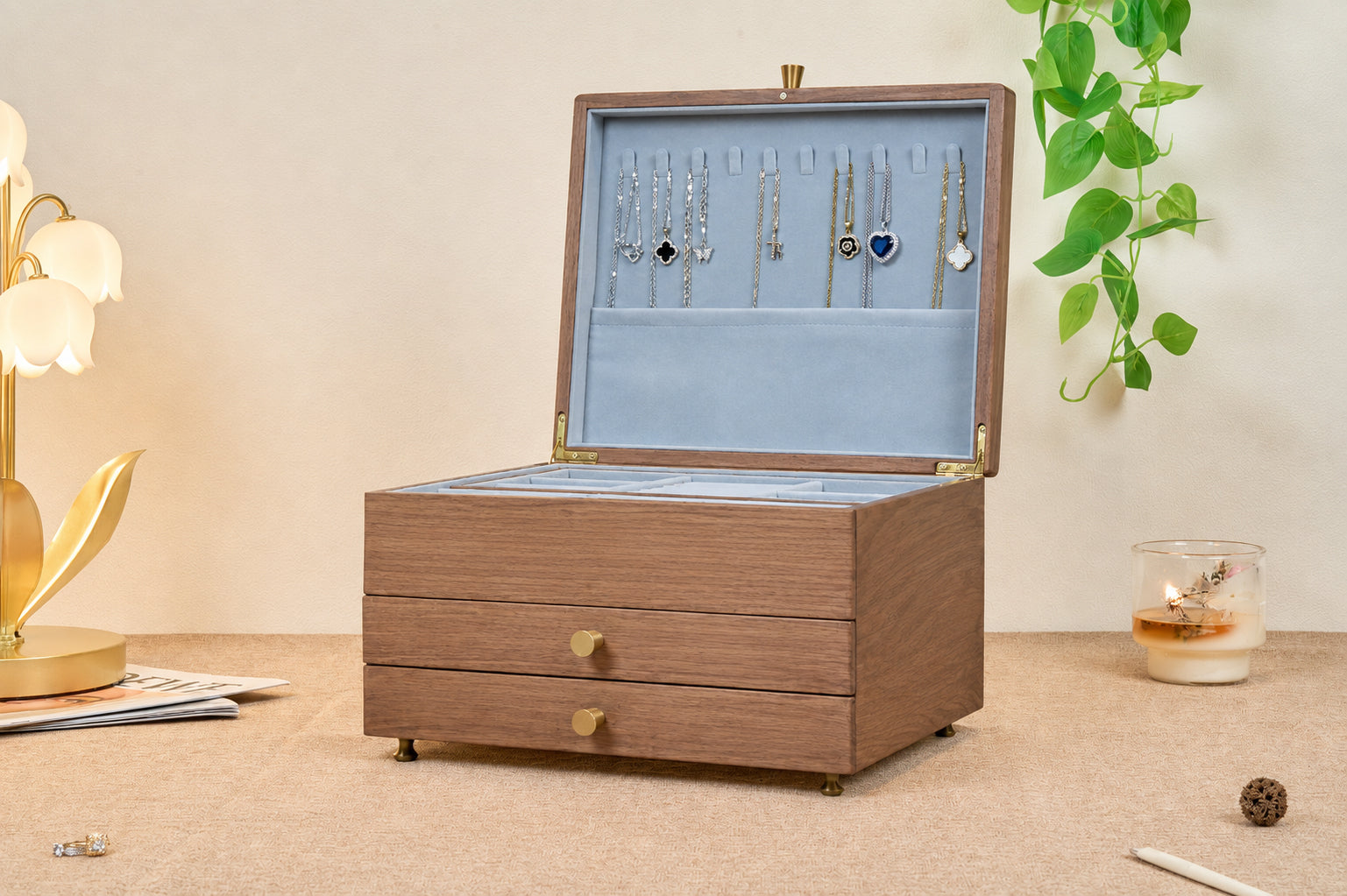 Walnut Jewelry Box with 2 Drawers & Removable Tray 4