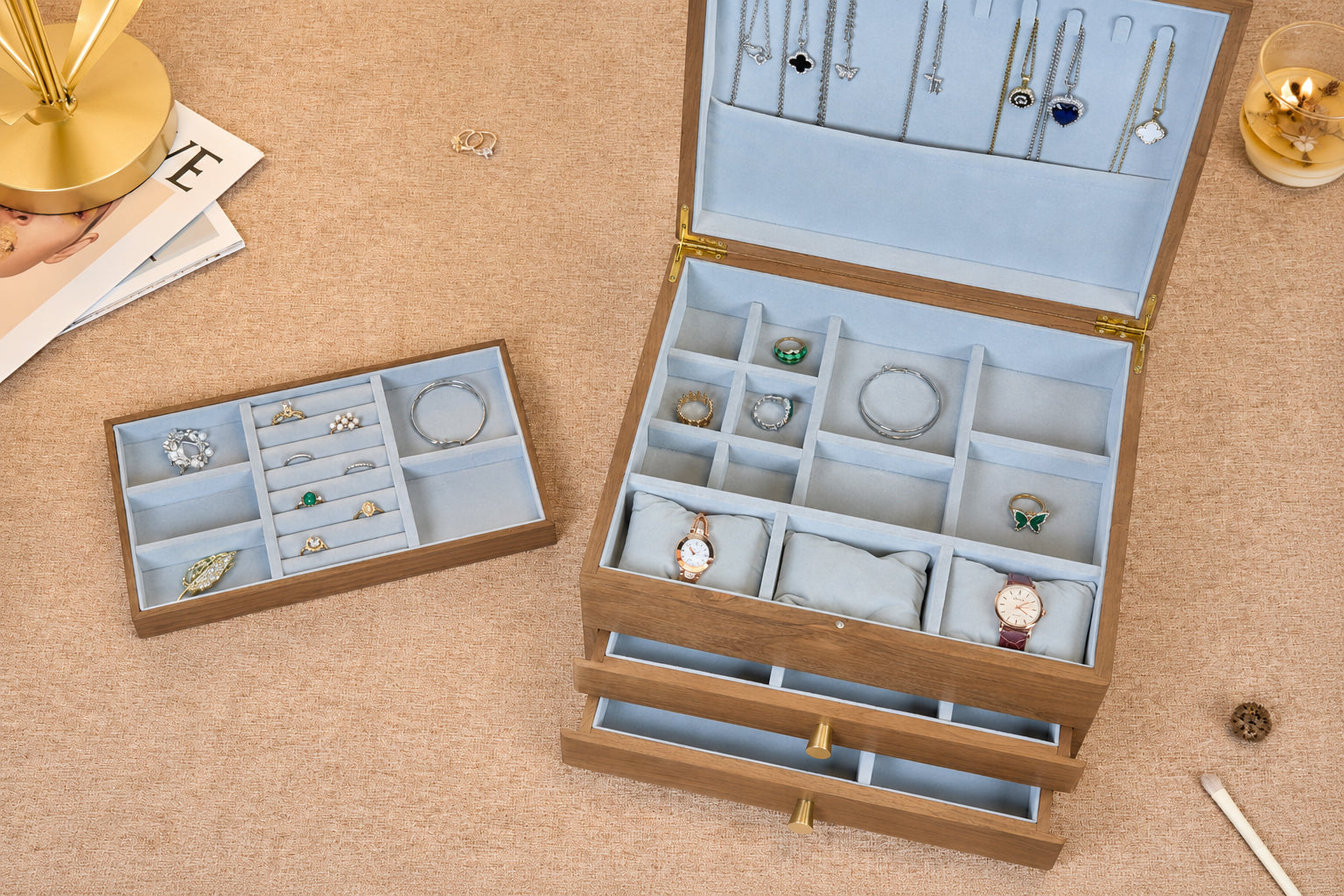 Walnut Jewelry Box with 2 Drawers & Removable Tray 11