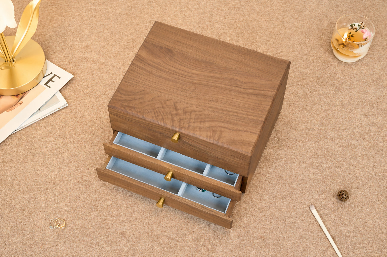 Walnut Jewelry Box with 2 Drawers & Removable Tray 12
