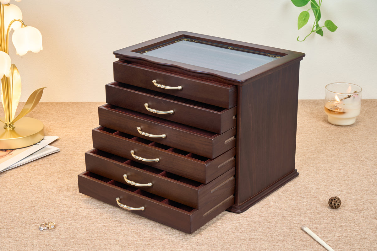 6-Drawer Walnut Jewelry Cabinet with Decorative Glass Top 2