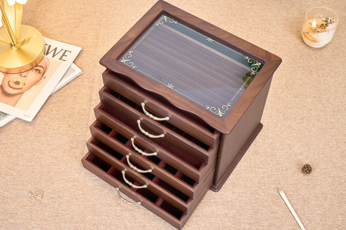 6-Drawer Walnut Jewelry Cabinet with Decorative Glass Top 3