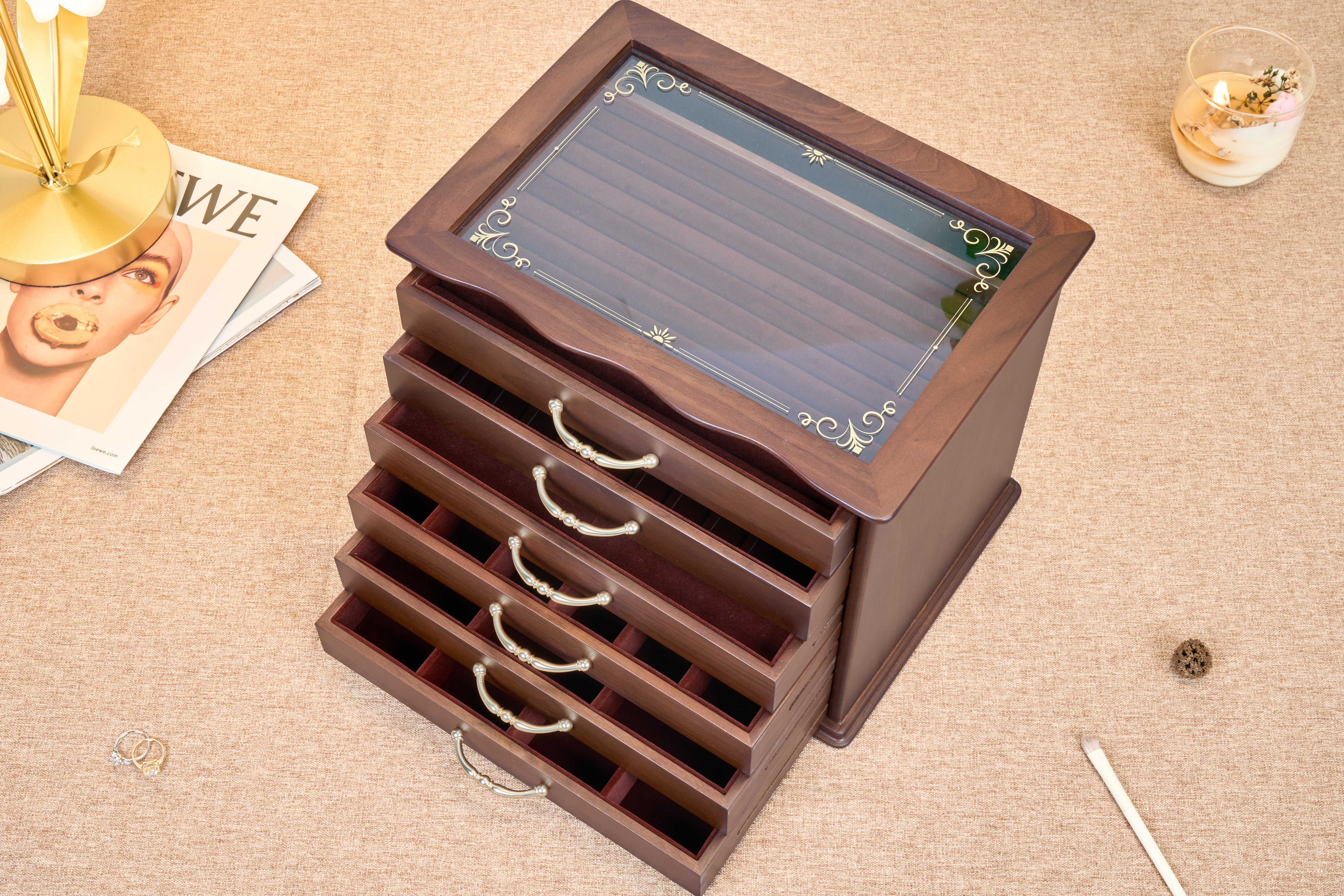 6-Drawer Walnut Jewelry Cabinet with Decorative Glass Top 3