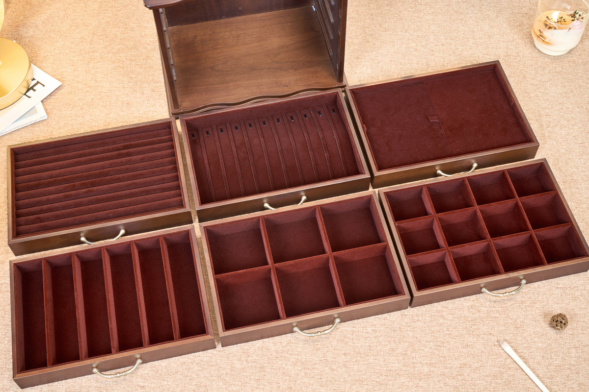 6-Drawer Walnut Jewelry Cabinet with Decorative Glass Top 5