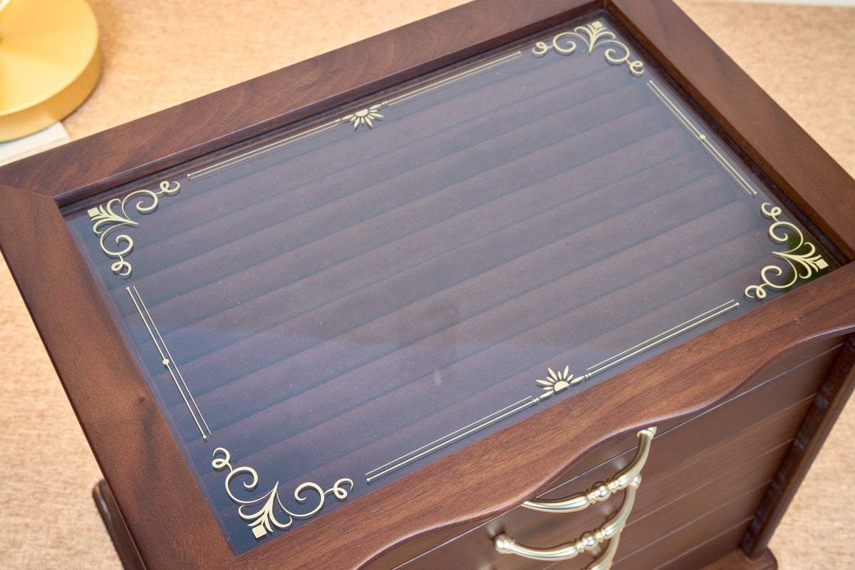6-Drawer Walnut Jewelry Cabinet with Decorative Glass Top 15