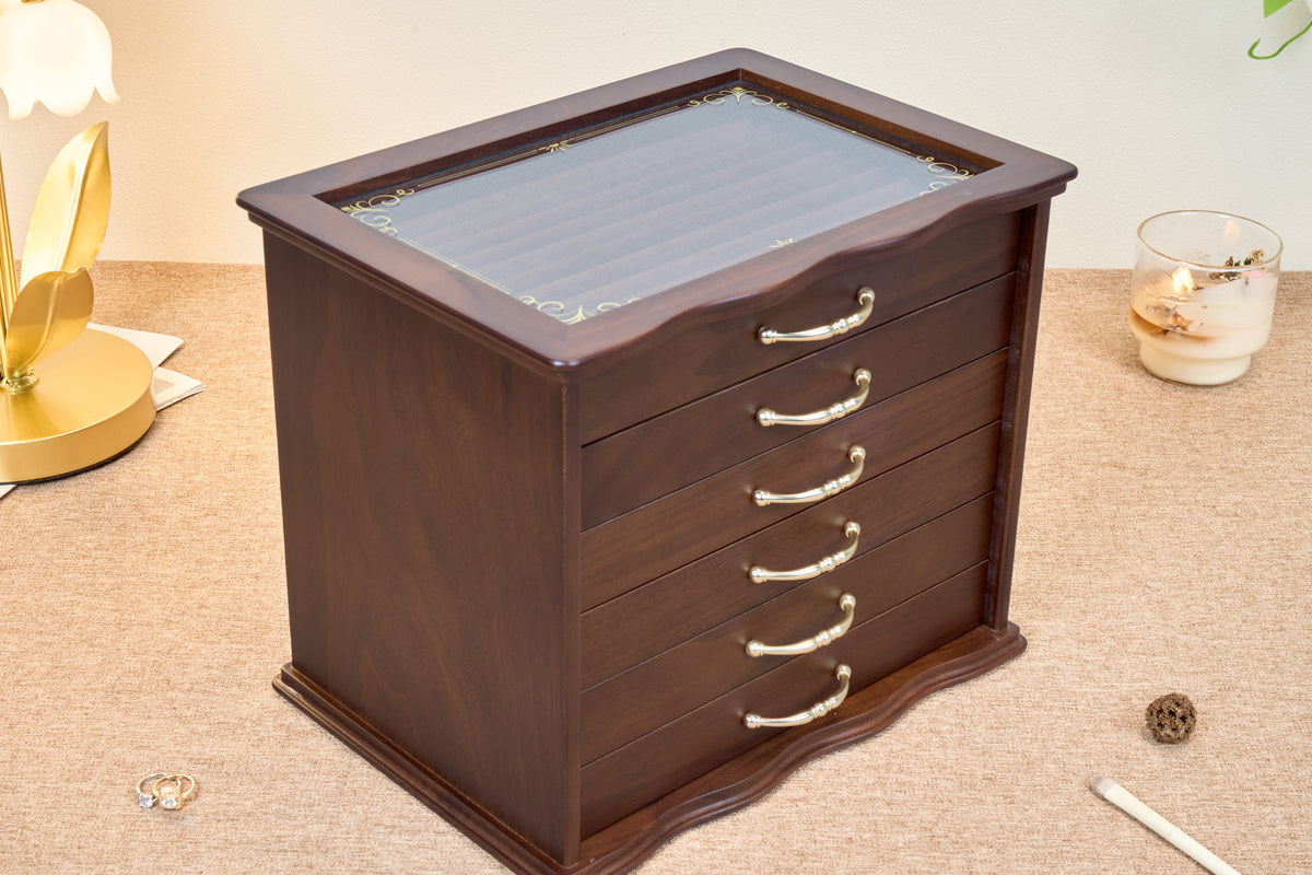 6-Drawer Walnut Jewelry Cabinet with Decorative Glass Top 16