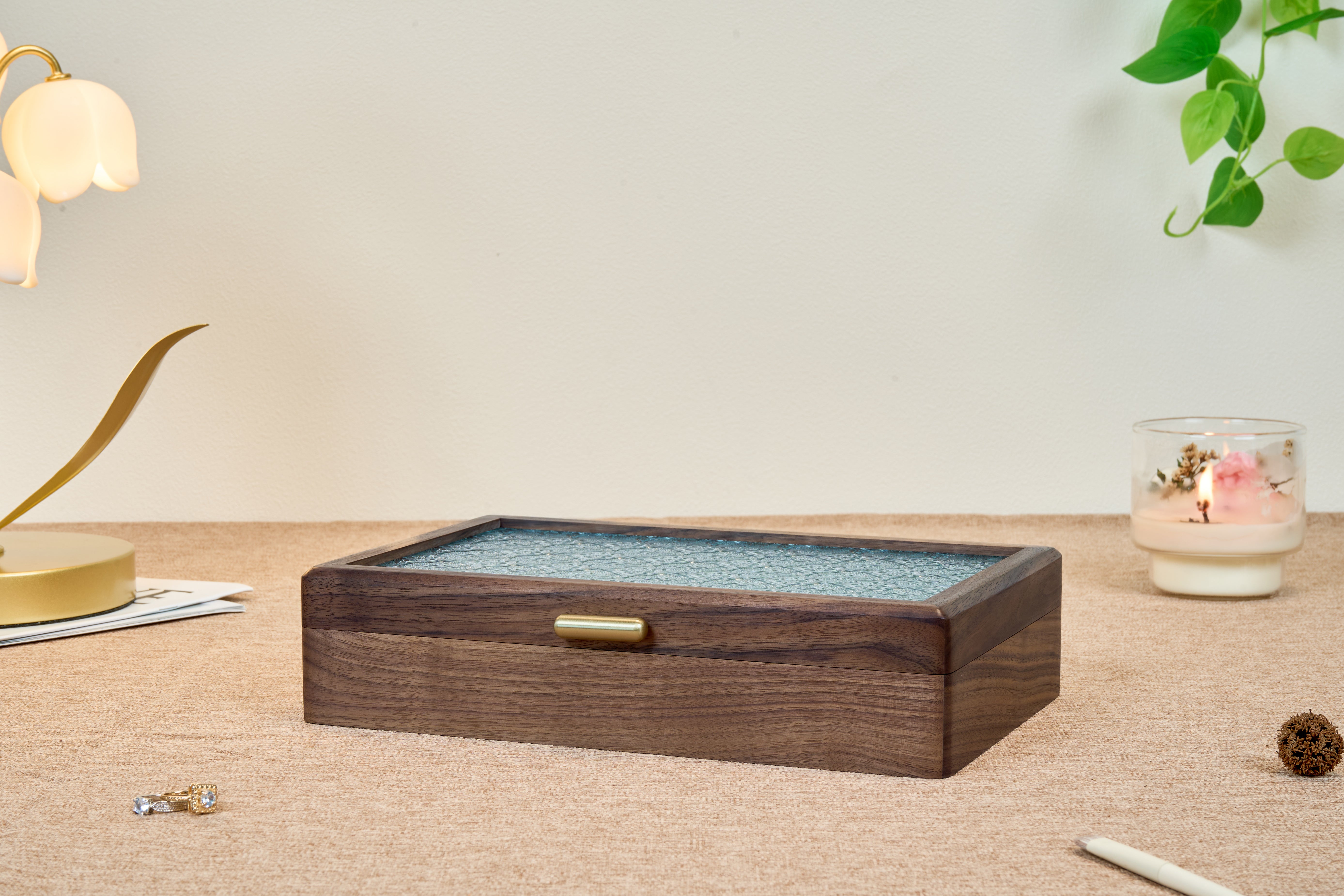 Ornamental Glass Walnut Jewelry Box with Hidden Compartment 1