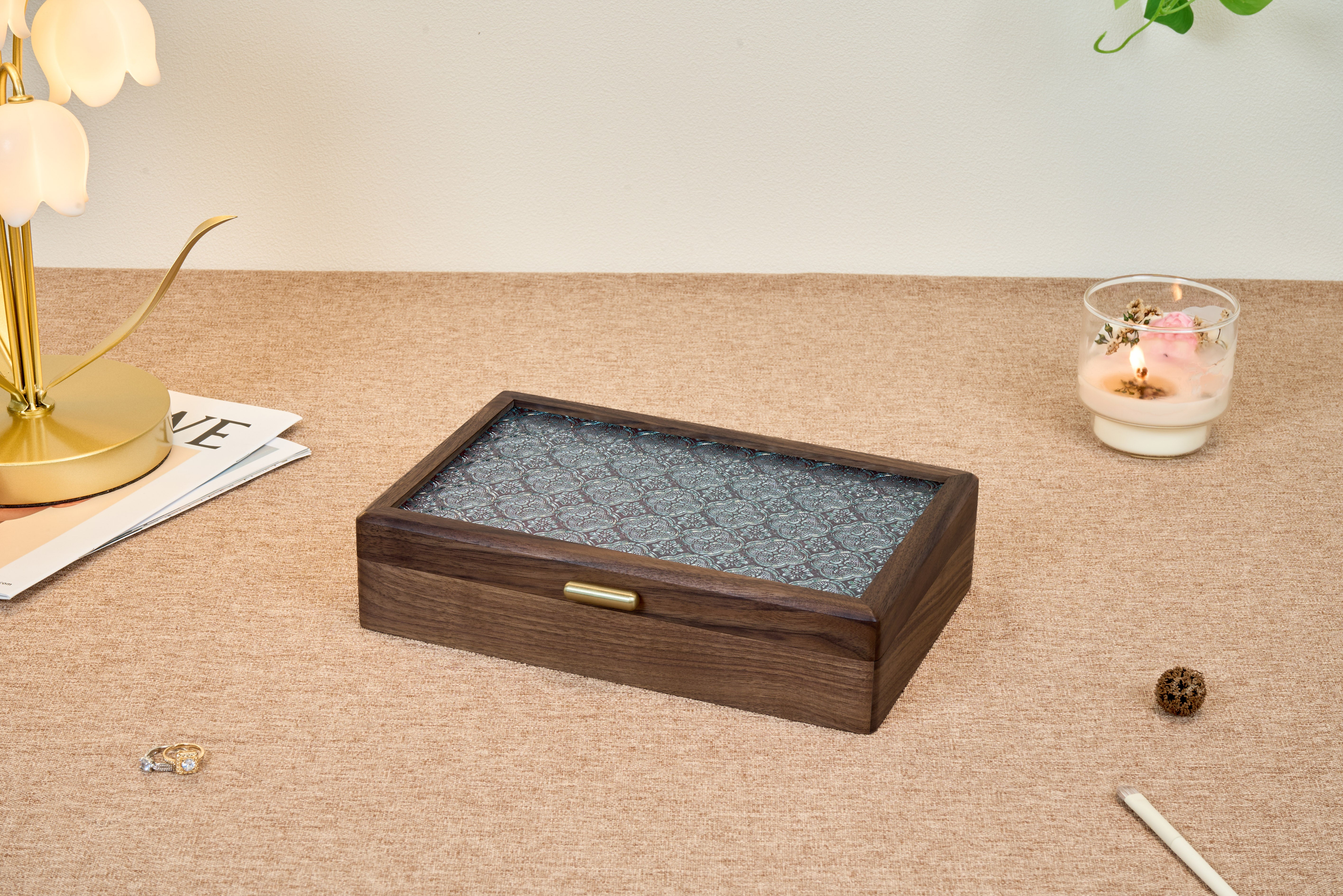 Ornamental Glass Walnut Jewelry Box with Hidden Compartment 4