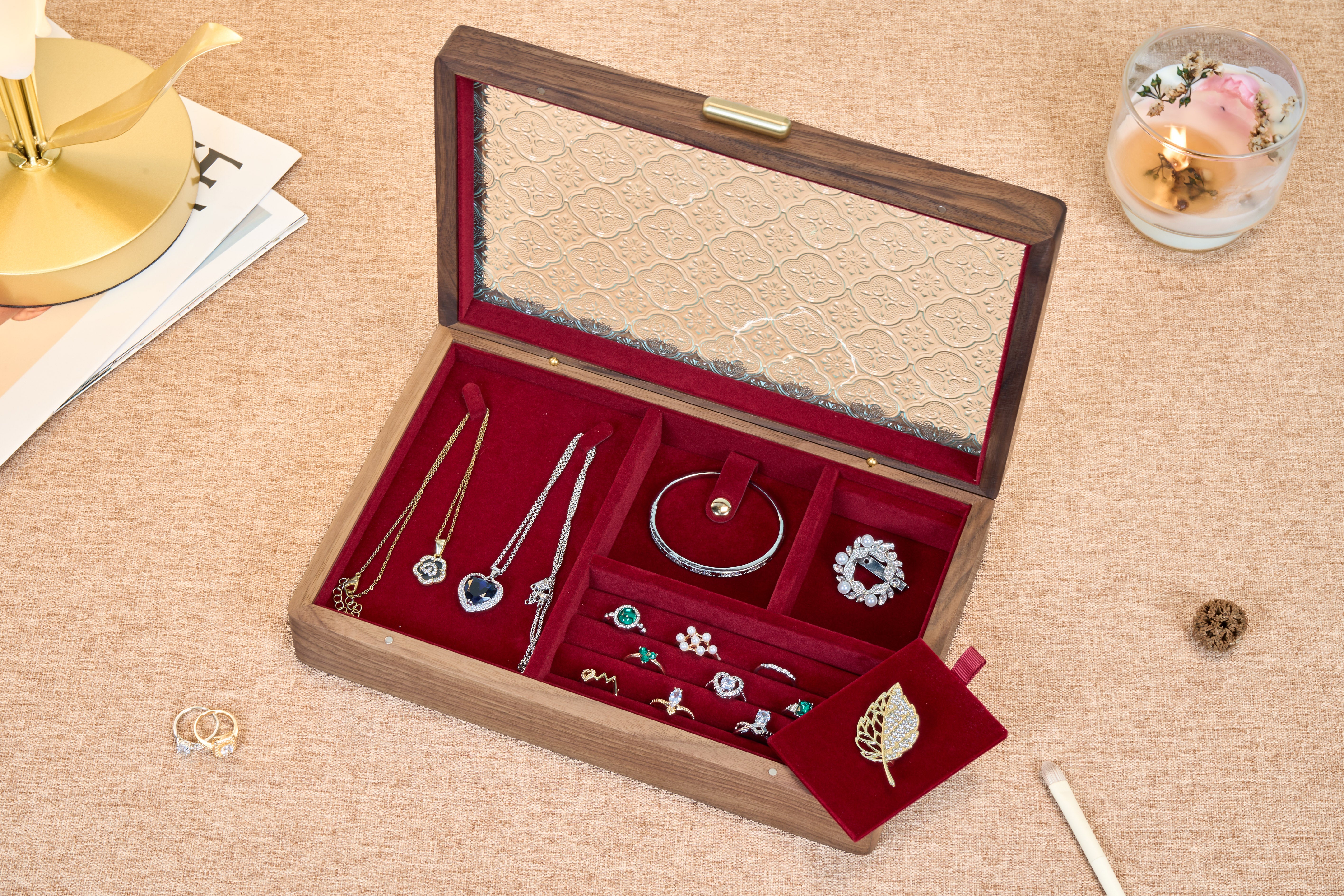 Ornamental Glass Walnut Jewelry Box with Hidden Compartment 11