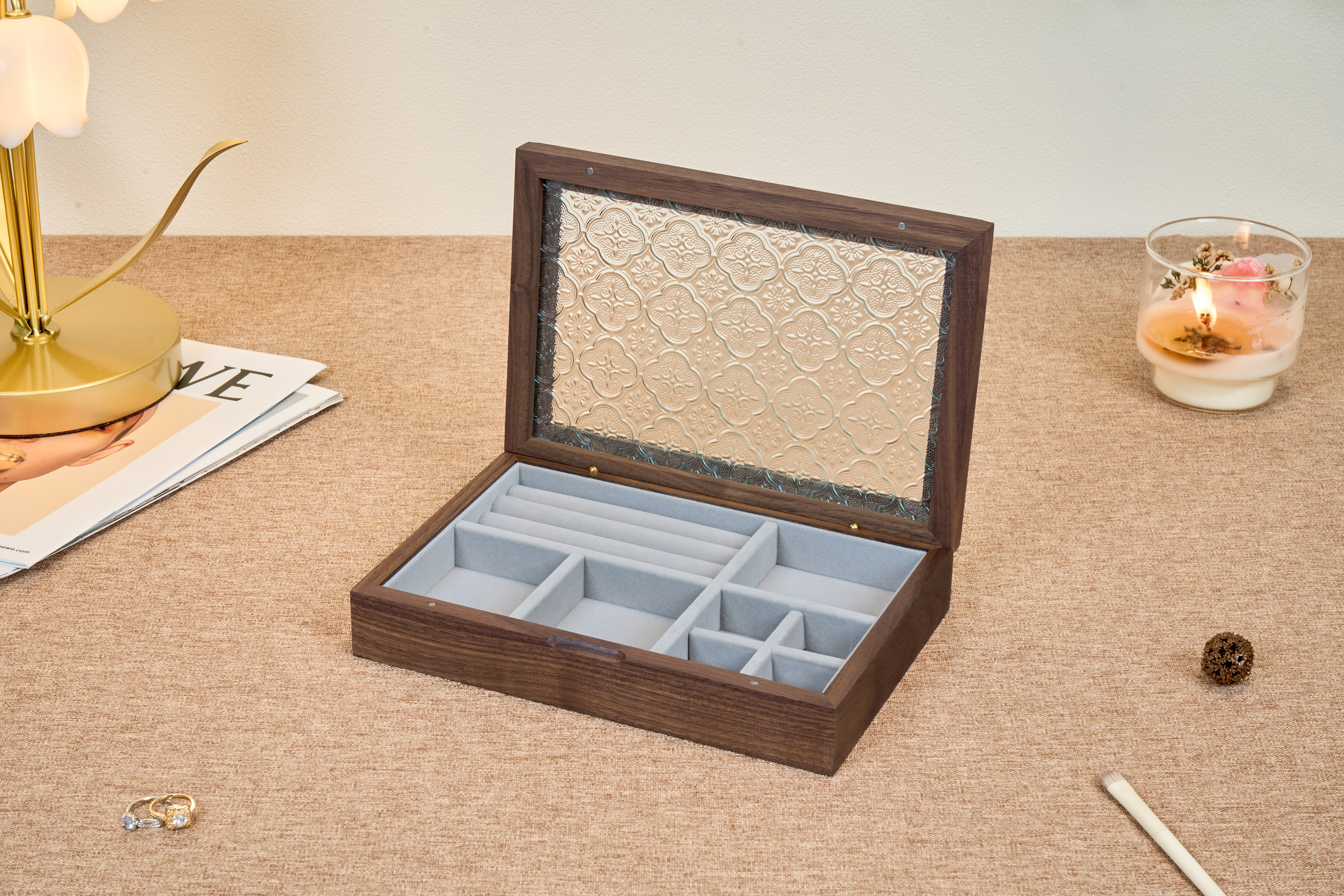 Walnut Jewelry Box with Ornamental Pressed-Glass Lid 4