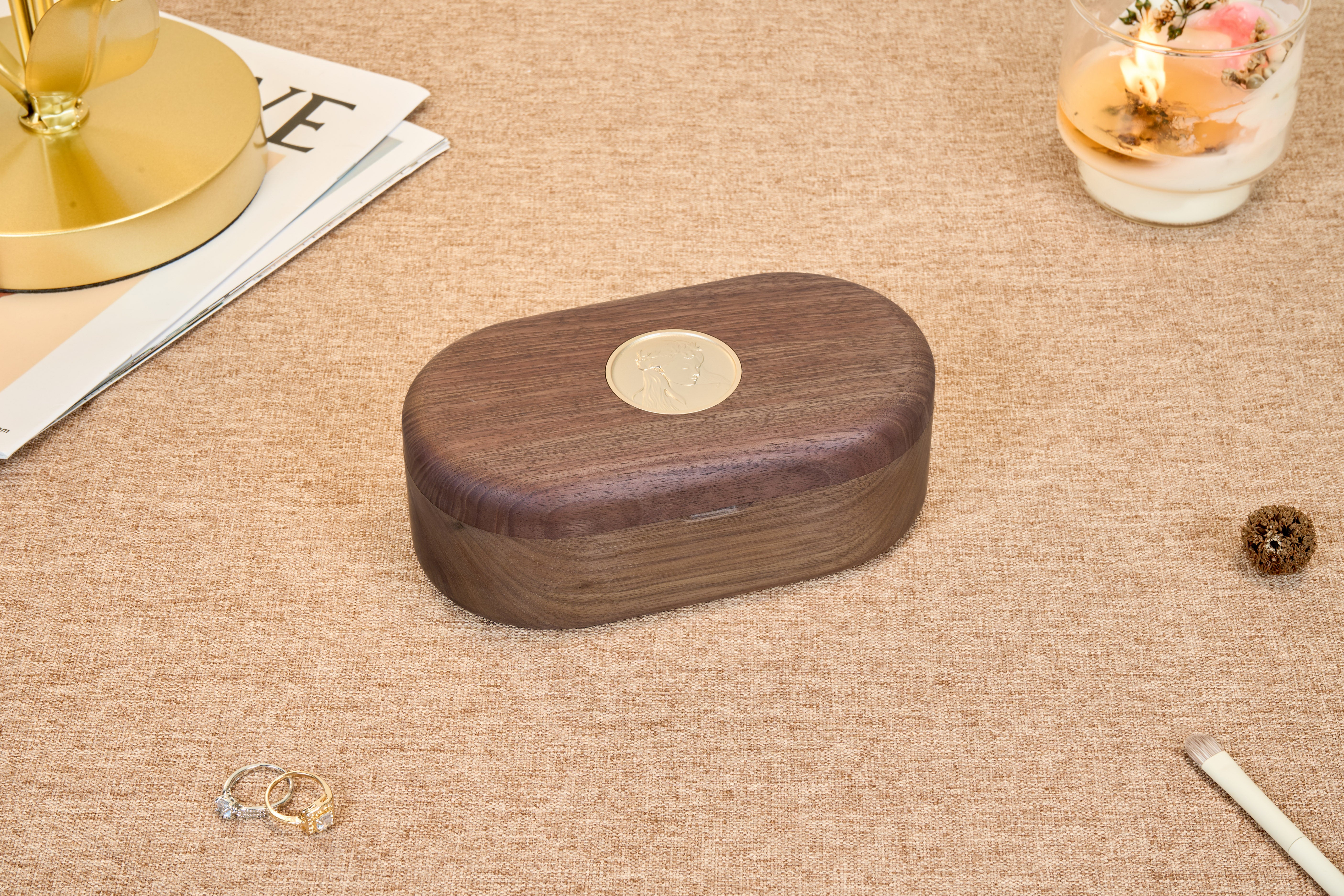 Oval Walnut Jewelry Box with Gold-Tone Portrait Medallion 3