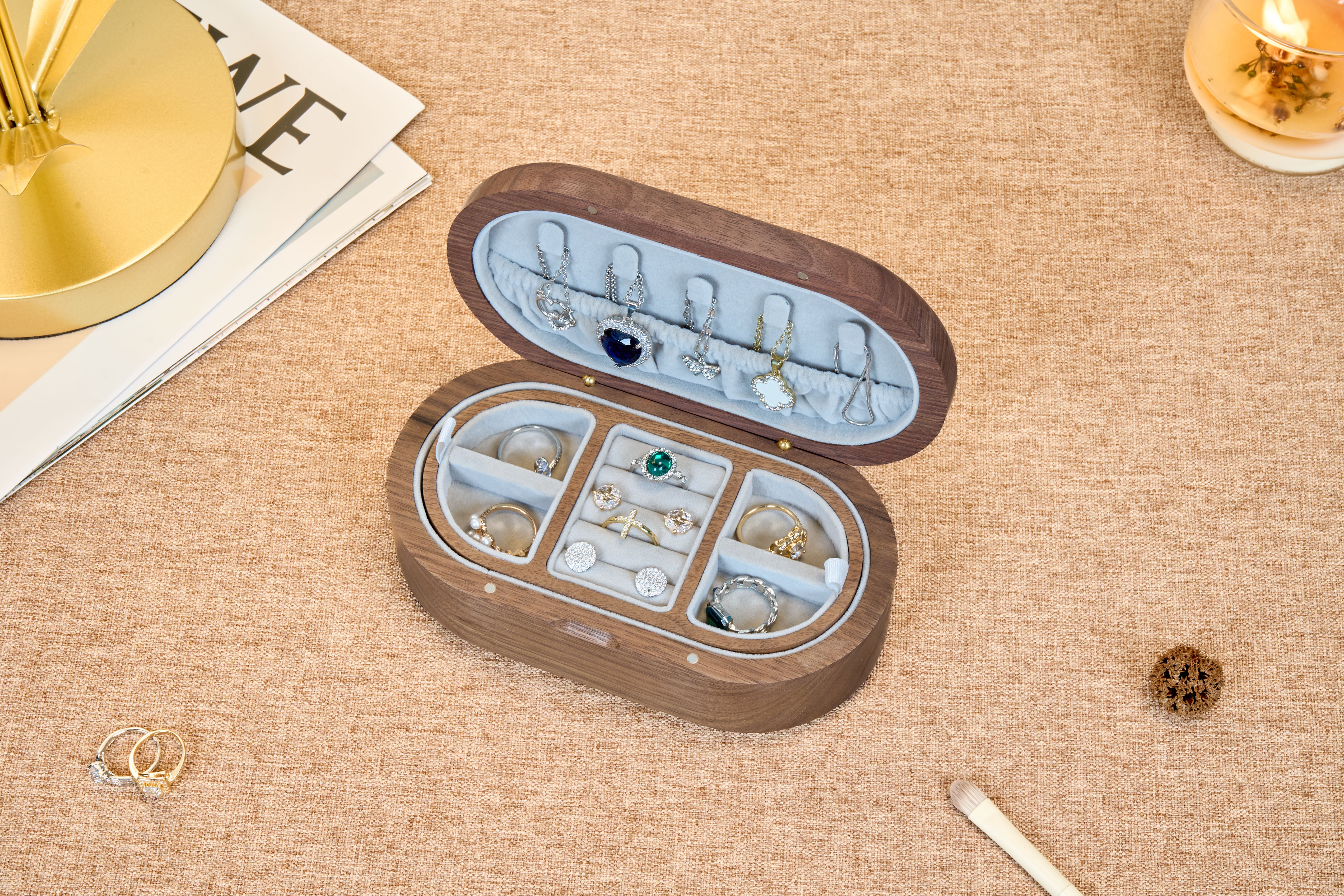 Oval Walnut Jewelry Box with Gold-Tone Portrait Medallion 7
