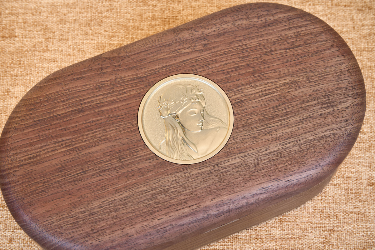 Oval Walnut Jewelry Box with Gold-Tone Portrait Medallion 13