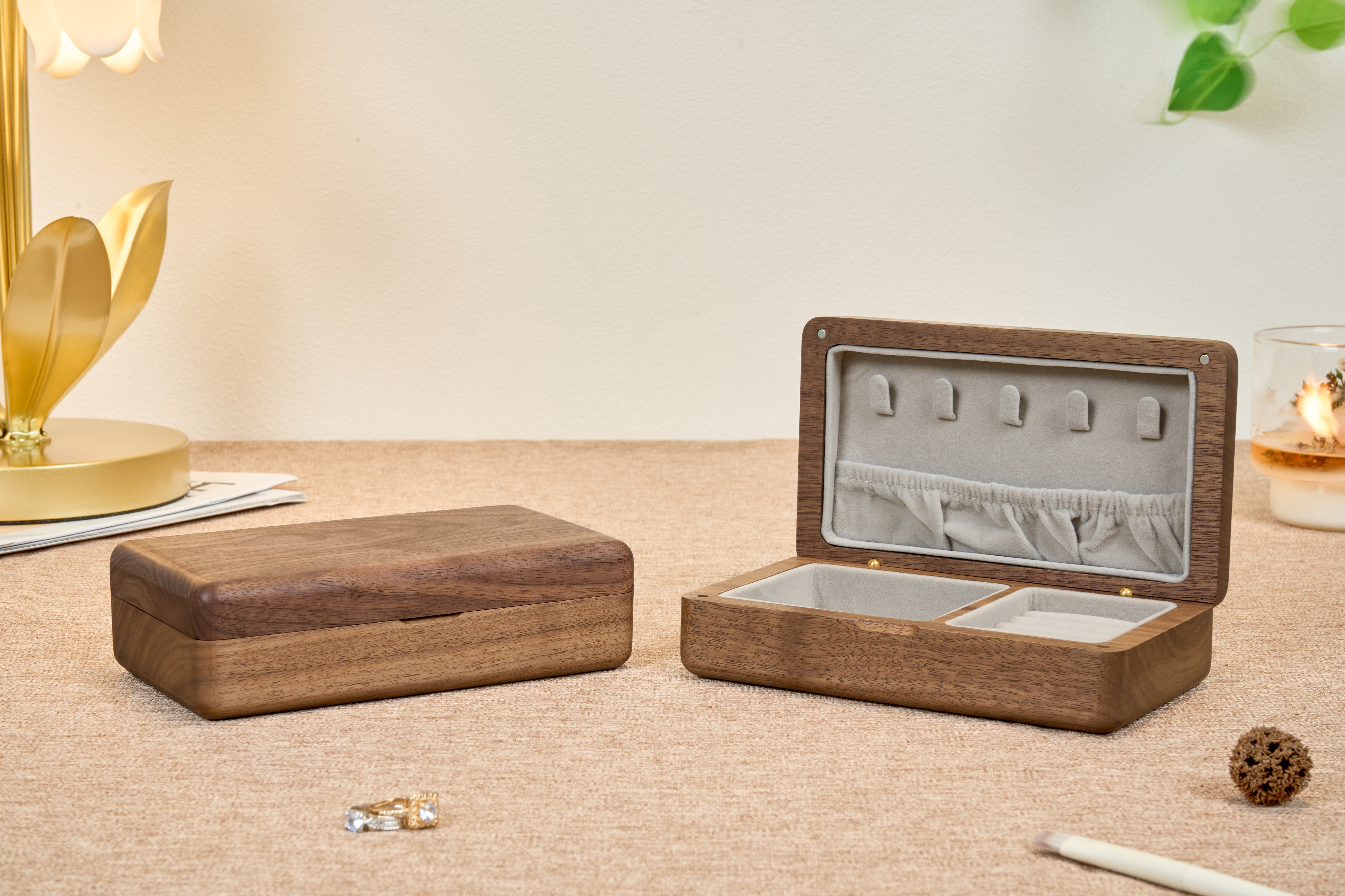 Compact Walnut Jewelry Box with Necklace Hooks & Ring Storage 2