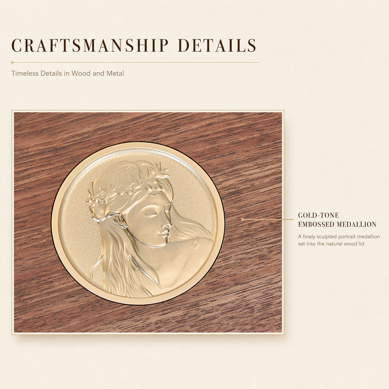 Oval Walnut Jewelry Box with Gold-Tone Portrait Medallion 14