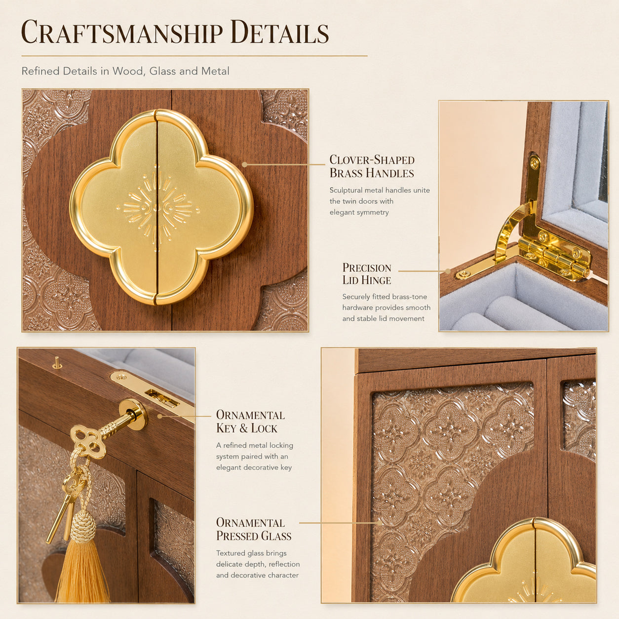 Lockable Walnut Jewelry Cabinet with Double Doors & 5 Drawers