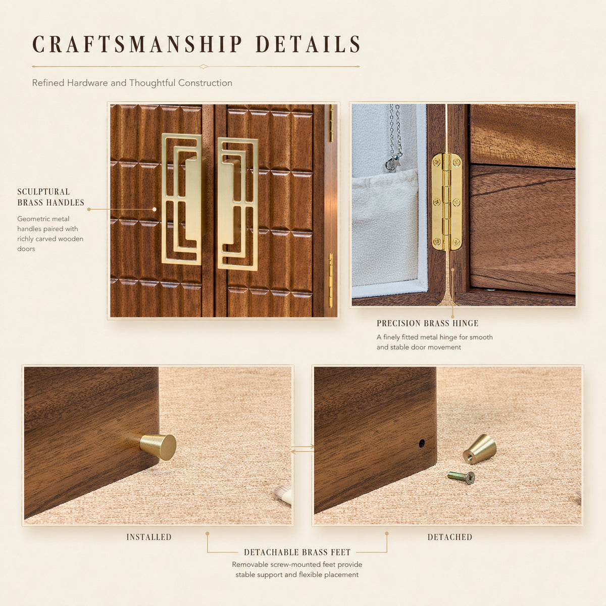 5-Drawer Walnut Jewelry Cabinet with Geometric or Vertical Stripe Doors