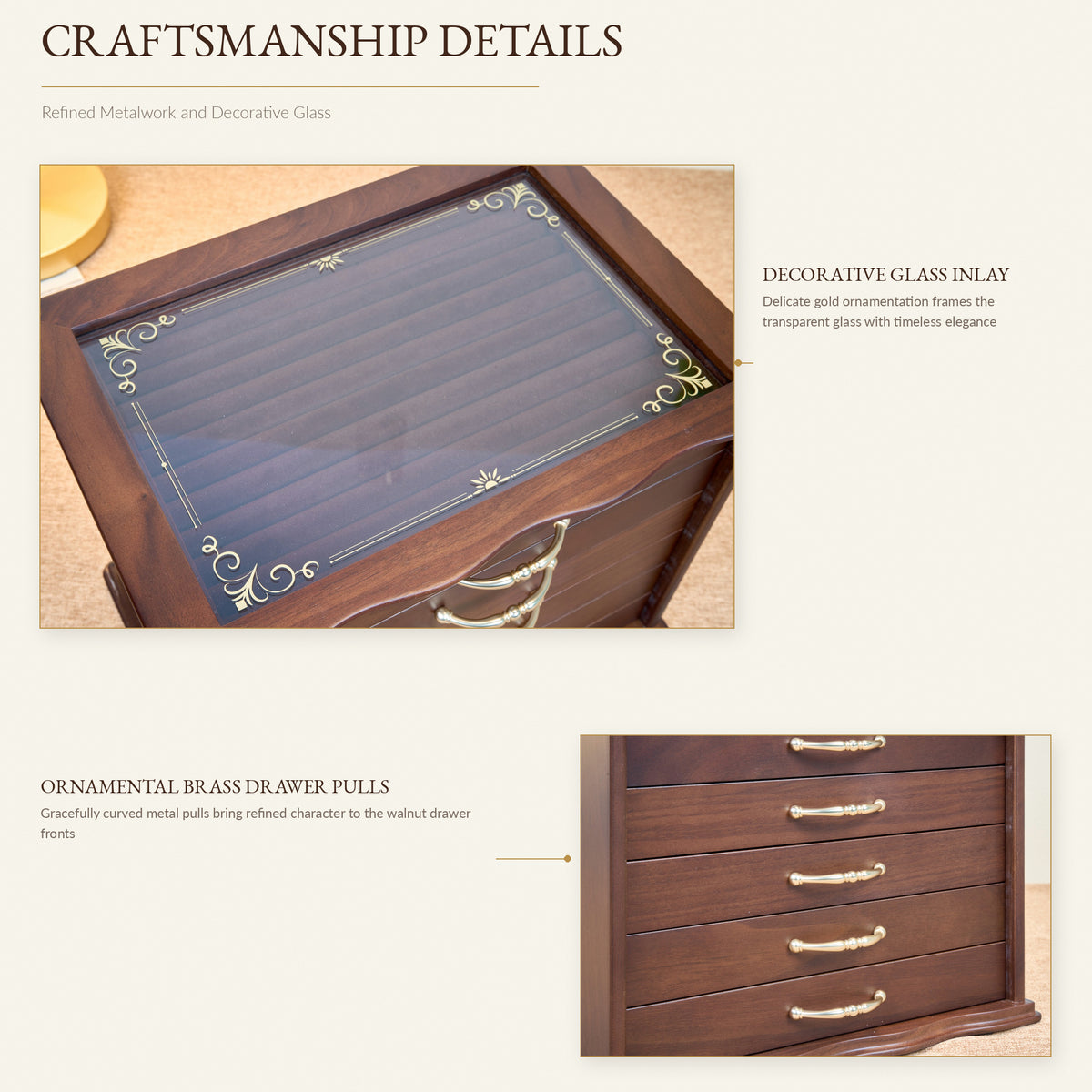 6-Drawer Walnut Jewelry Cabinet with Decorative Glass Top 19