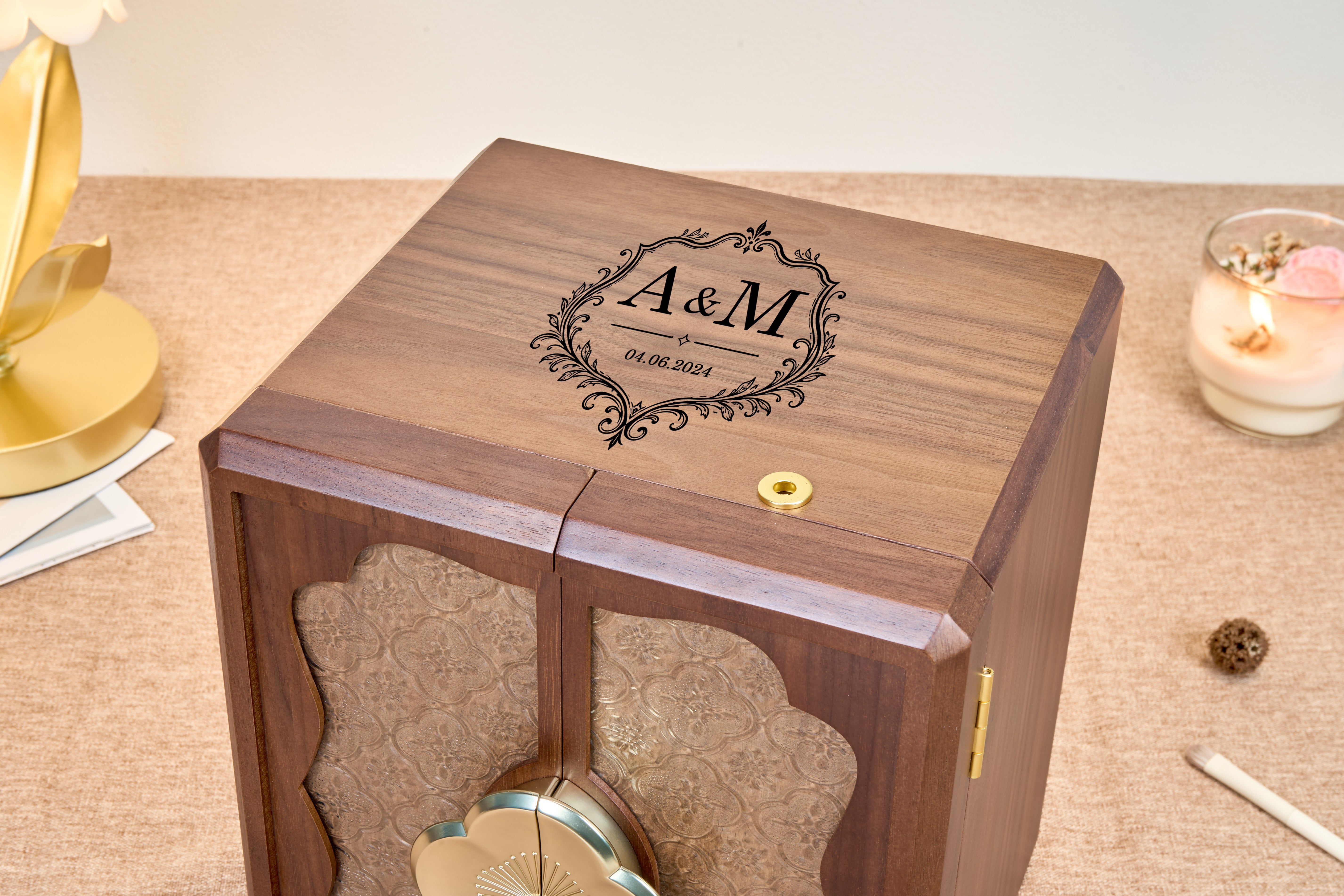 Lockable Walnut Jewelry Cabinet with Flower Hardware & 5 Drawers