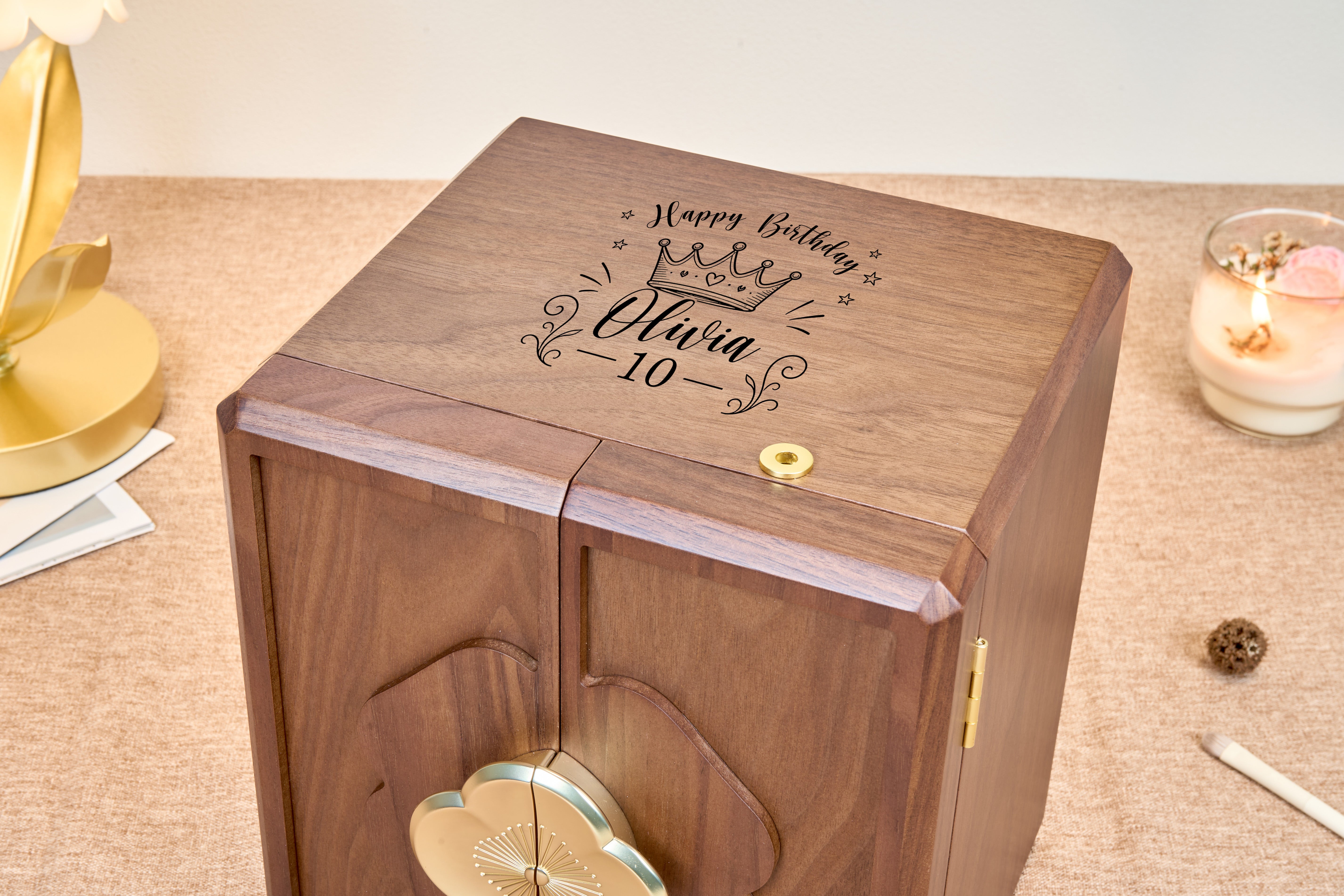 Lockable Walnut Jewelry Cabinet with Flower Hardware & 5 Drawers