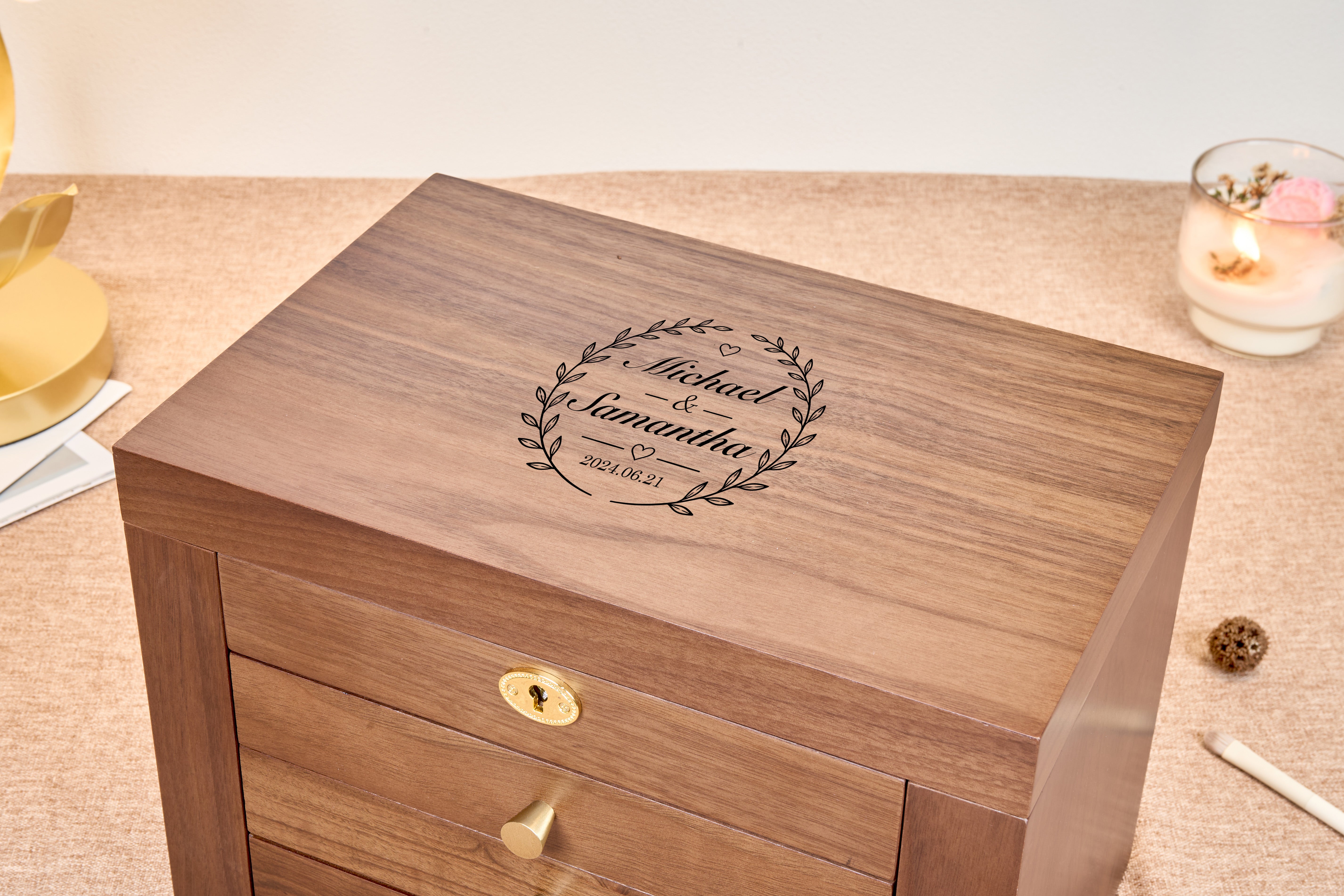Lockable Walnut Jewelry Box with Mirror, Side Doors & 4 Drawers