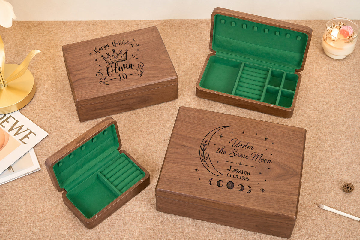 Walnut Jewelry Box with Green Lining, Necklace Hooks & Ring Tray