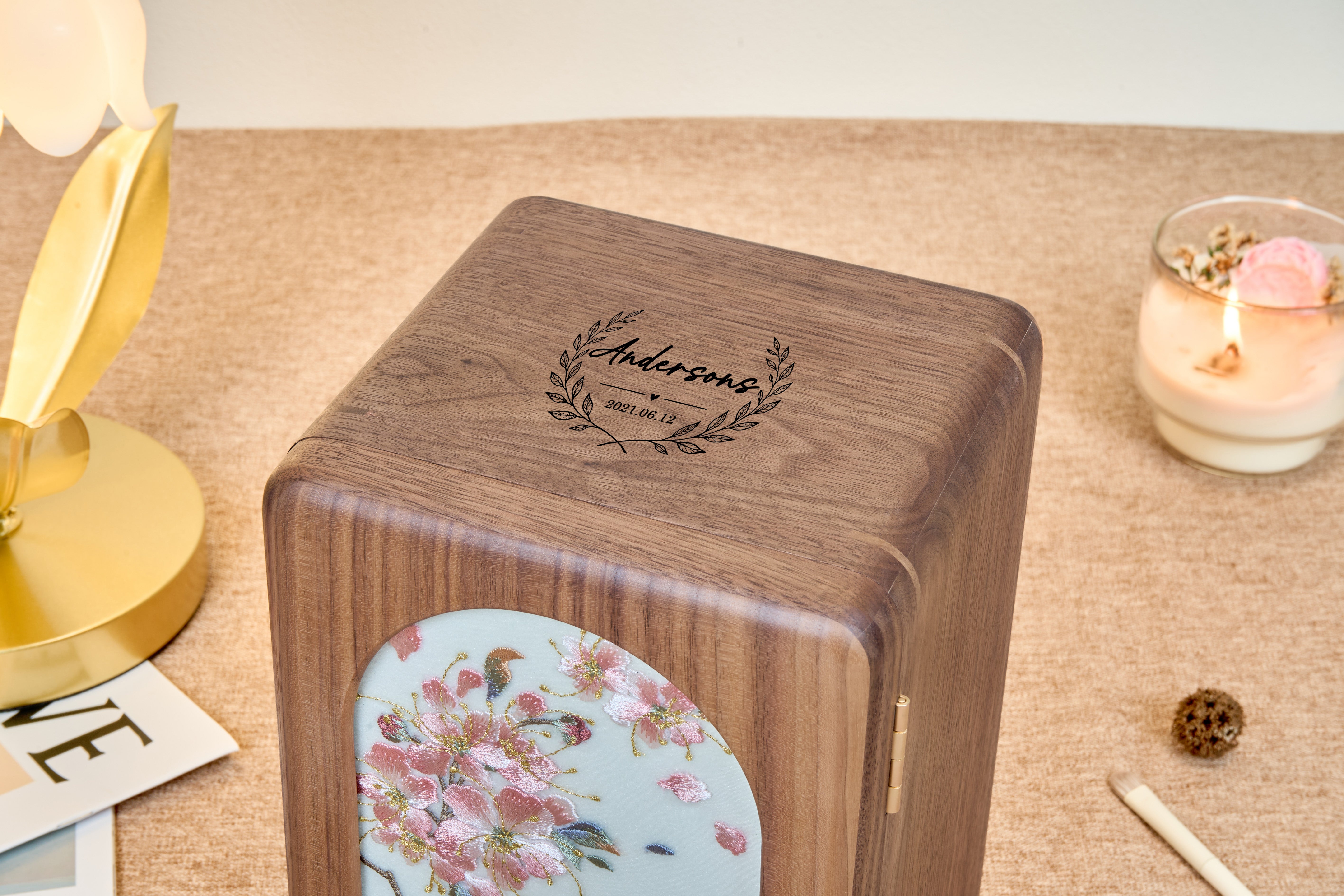 Floral Walnut Jewelry Cabinet with 5 Drawers & Necklace Hooks
