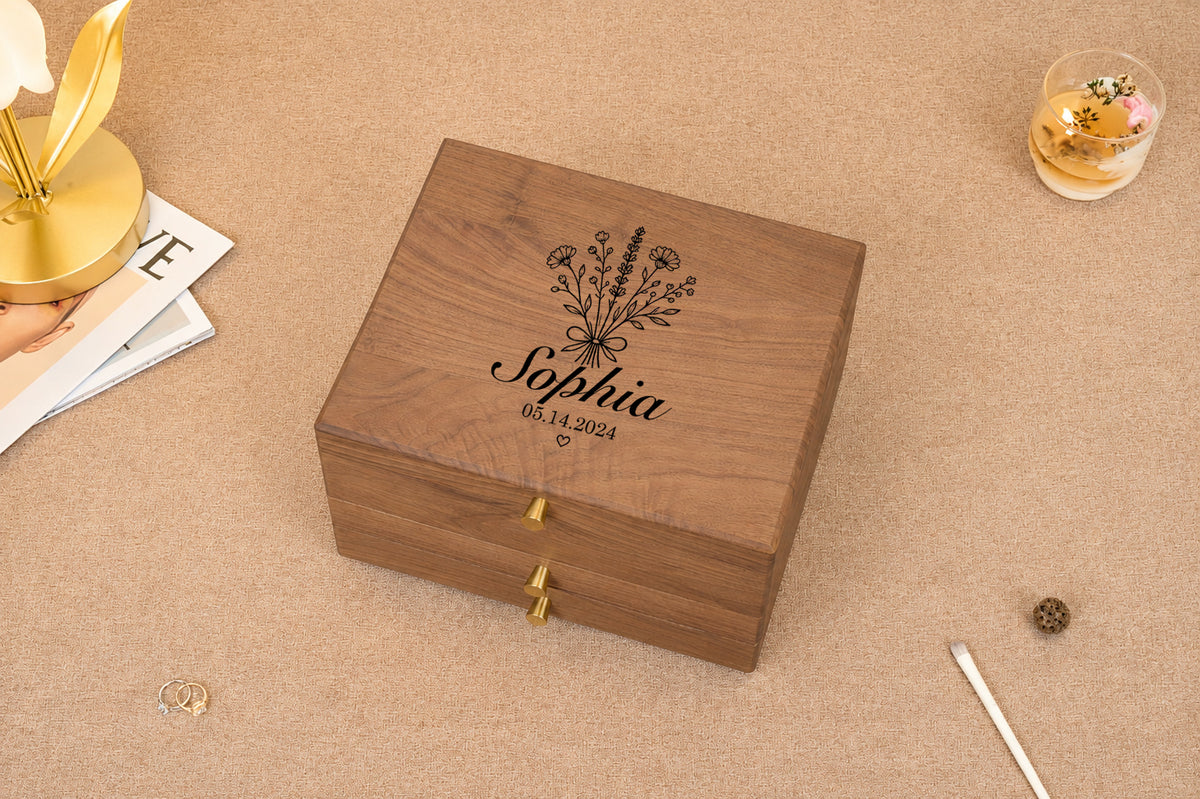 Walnut Jewelry Box with 2 Drawers & Removable Tray 18