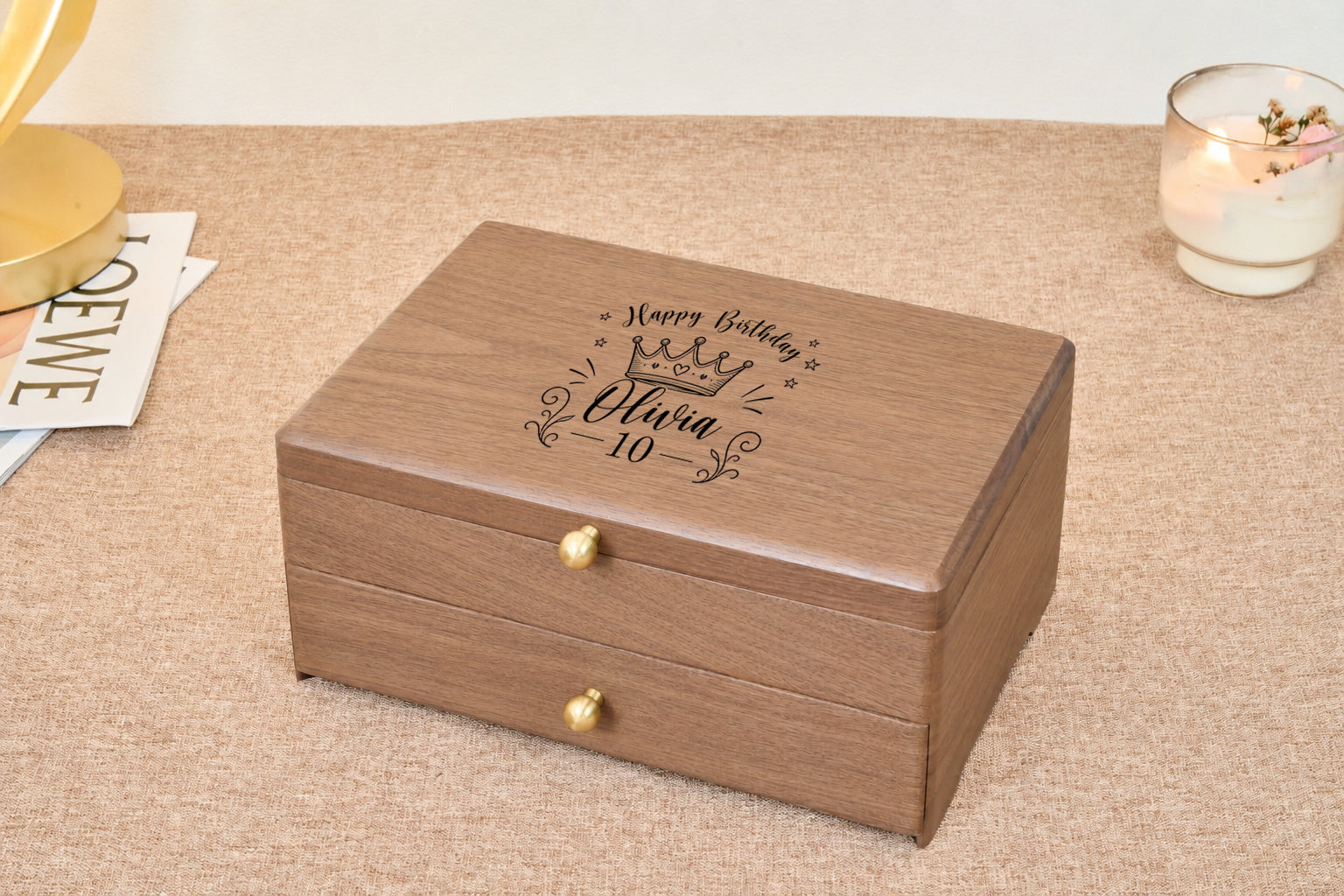 Two-Tier Walnut Jewelry Box with Necklace Hooks & Drawer 9