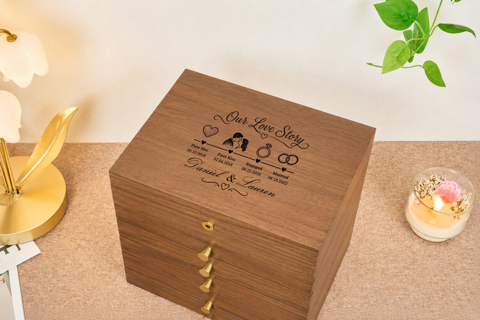 Lockable Walnut Jewelry Box with 4 Drawers & Necklace Hooks
