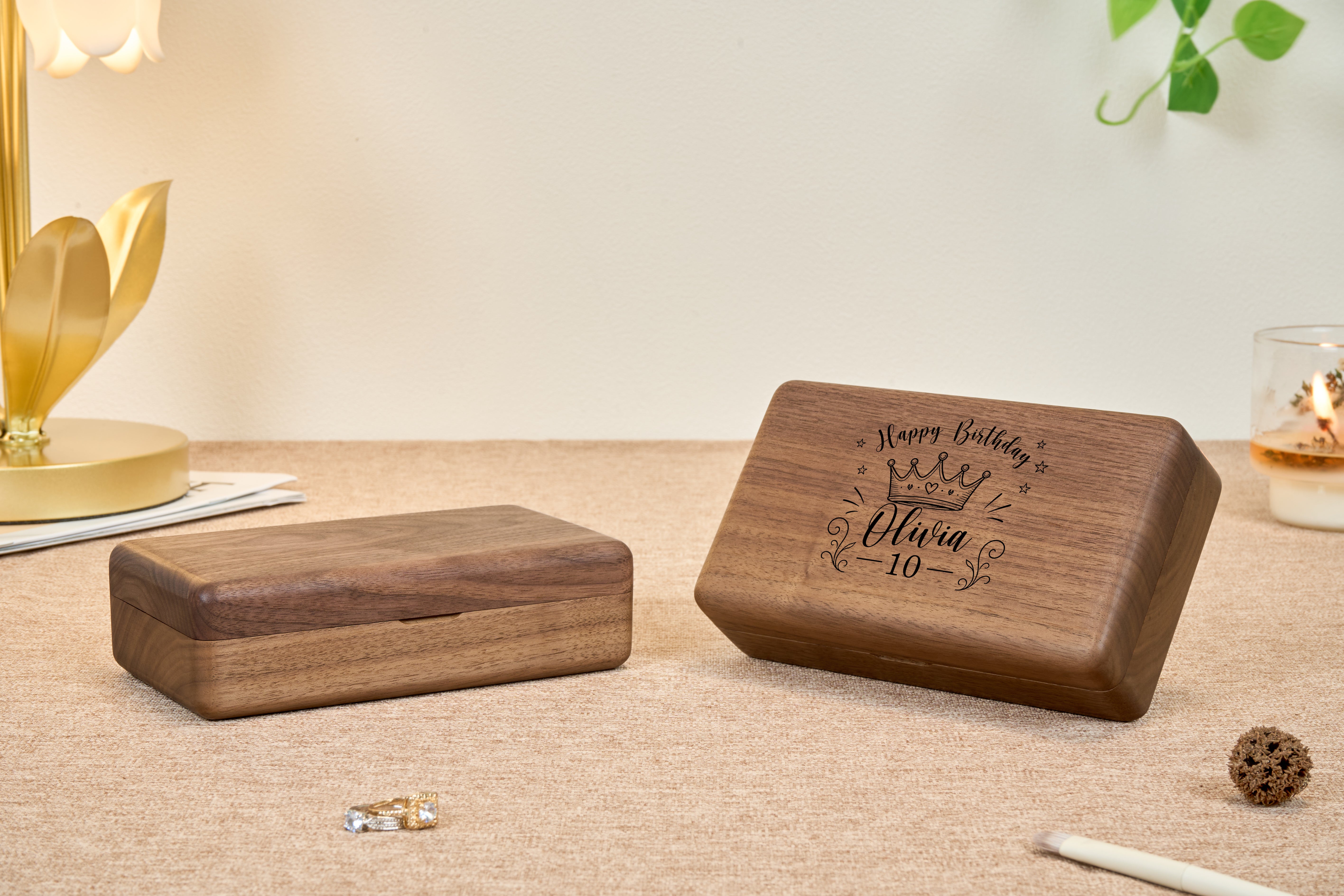Compact Walnut Jewelry Box with Necklace Hooks & Ring Storage 18