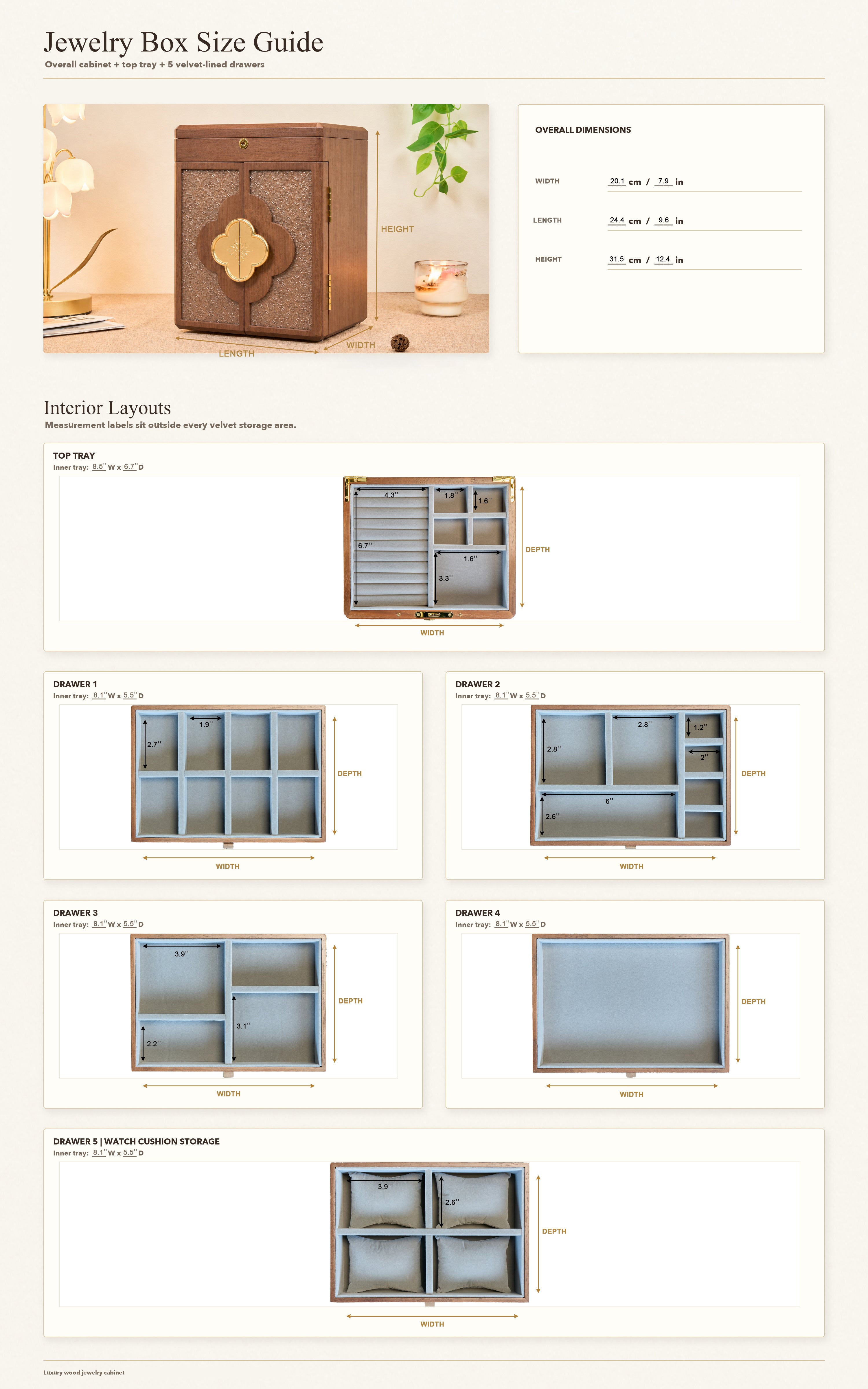 Lockable Walnut Jewelry Cabinet with Double Doors & 5 Drawers