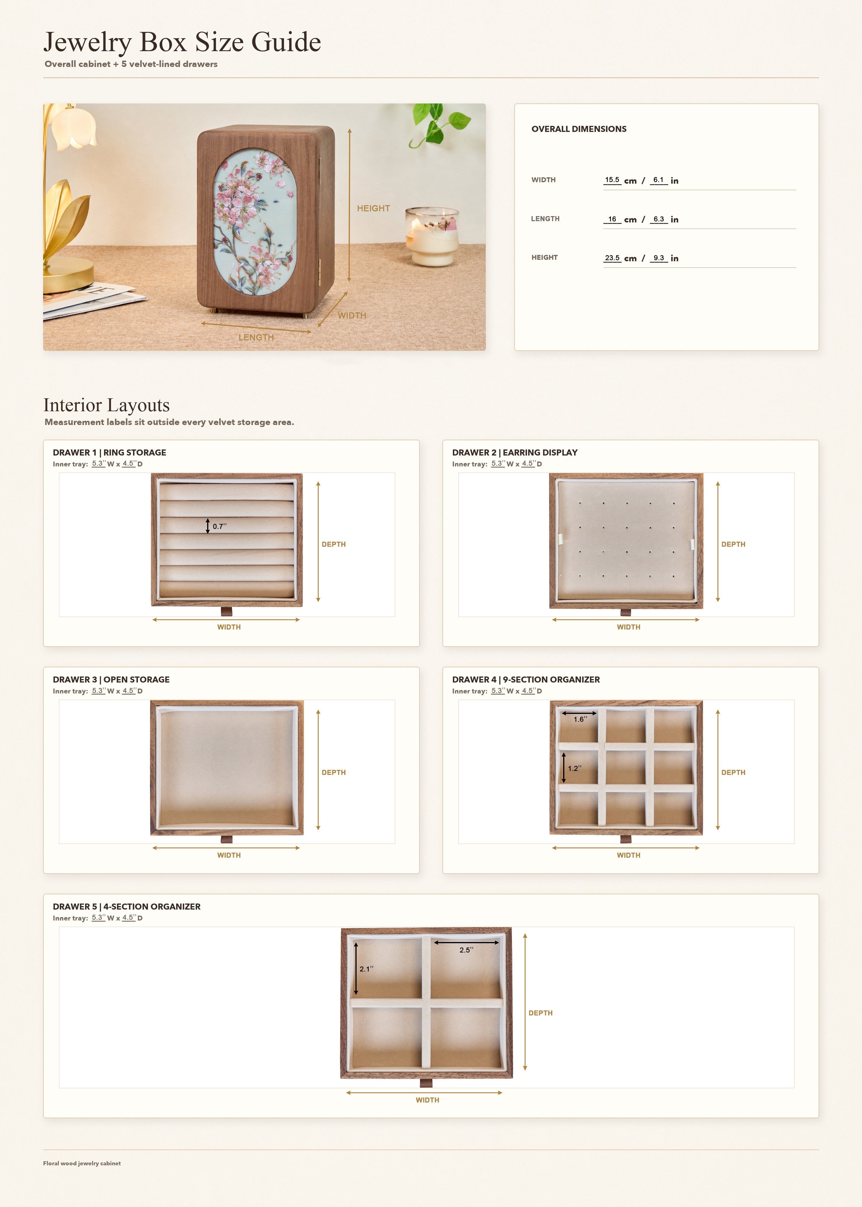 Floral Walnut Jewelry Cabinet with 5 Drawers & Necklace Hooks