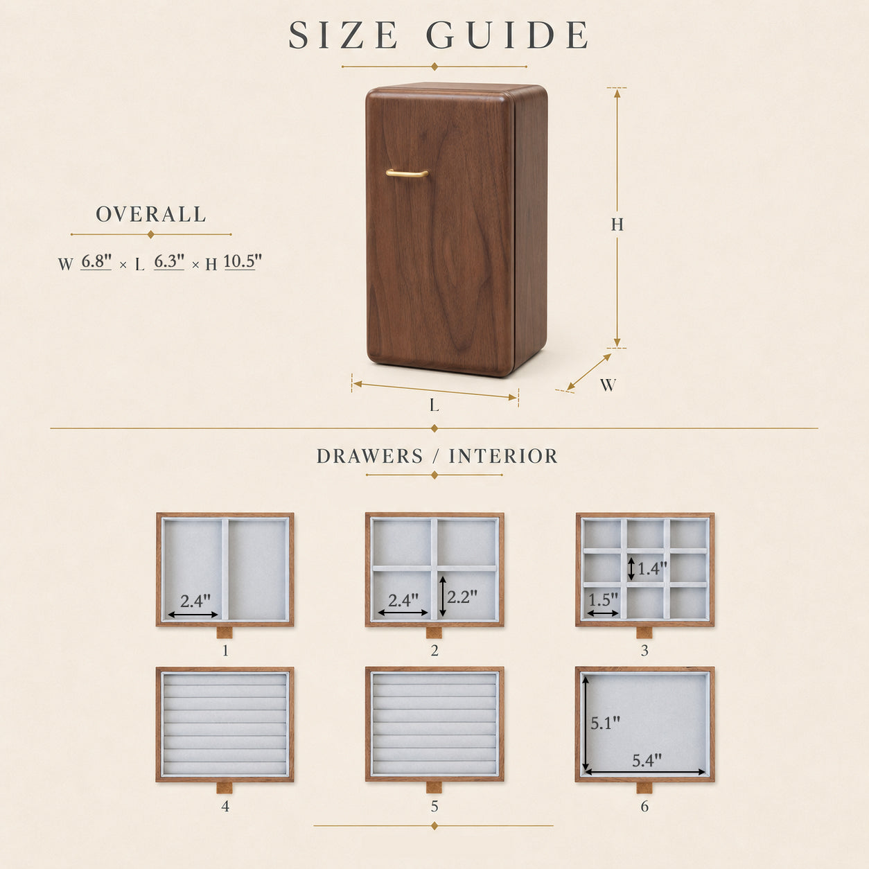 6-Drawer Vertical Walnut Jewelry Cabinet with Brass Handle 16