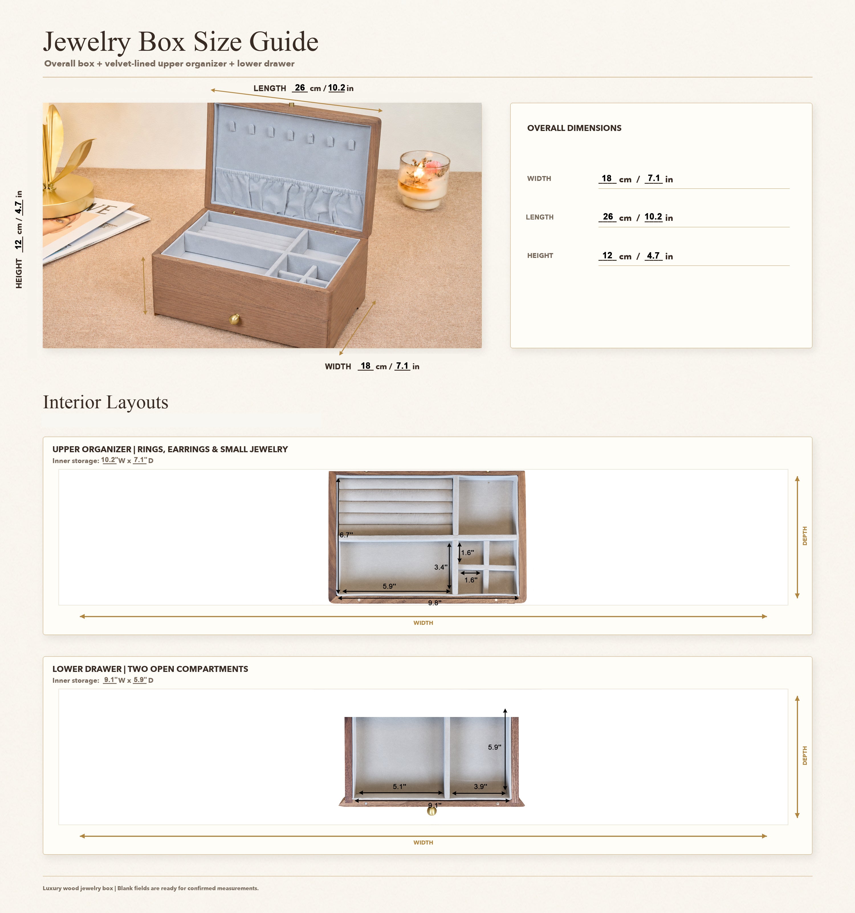 Two-Tier Walnut Jewelry Box with Necklace Hooks & Drawer 10