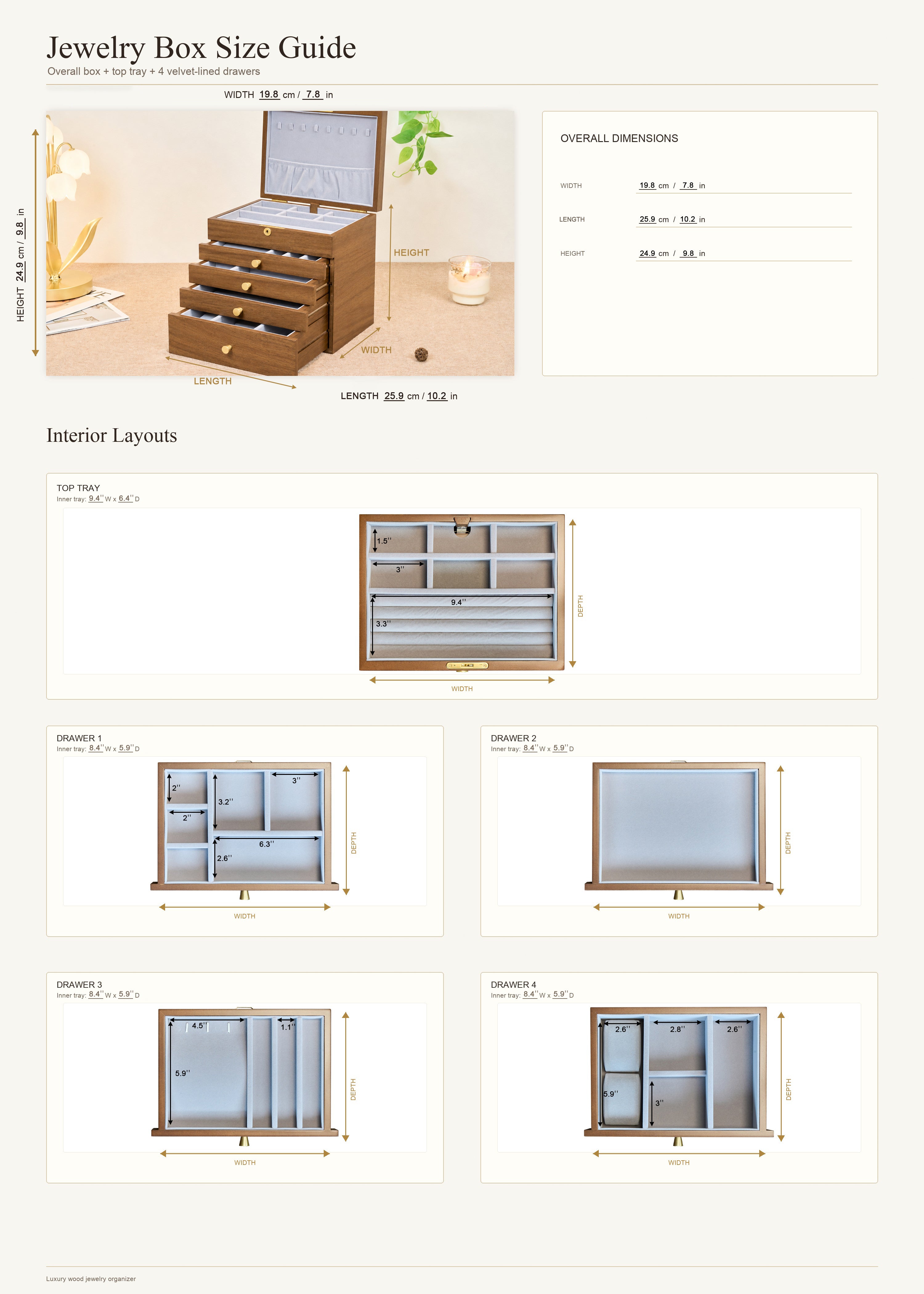 Lockable Walnut Jewelry Box with 4 Drawers & Necklace Hooks