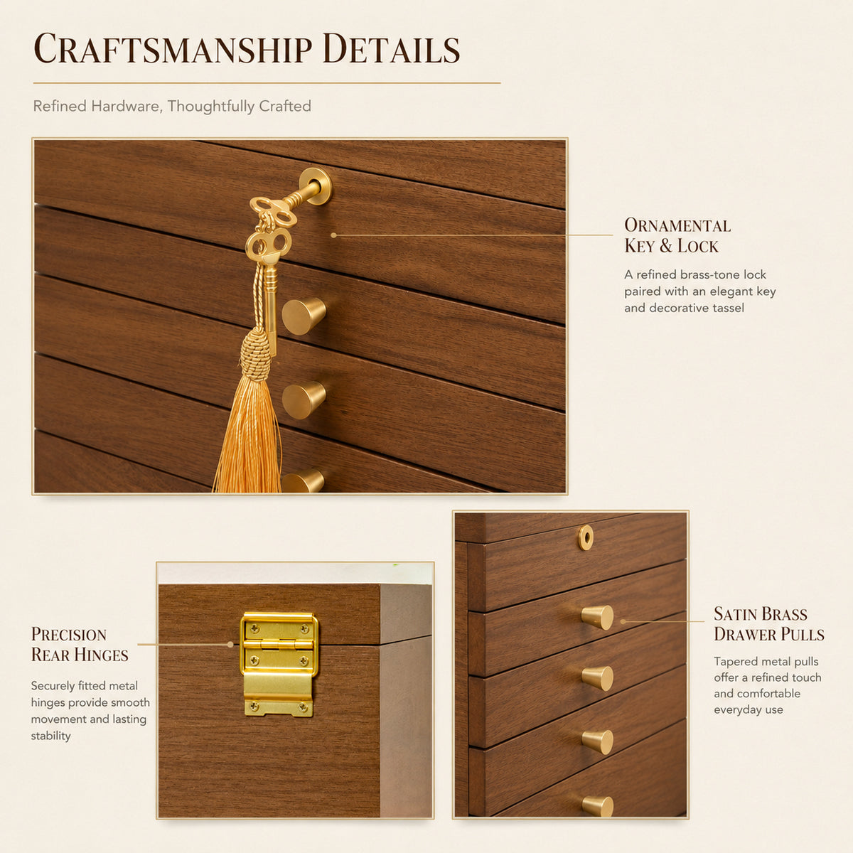 Lockable Walnut Jewelry Box with 4 Drawers & Necklace Hooks