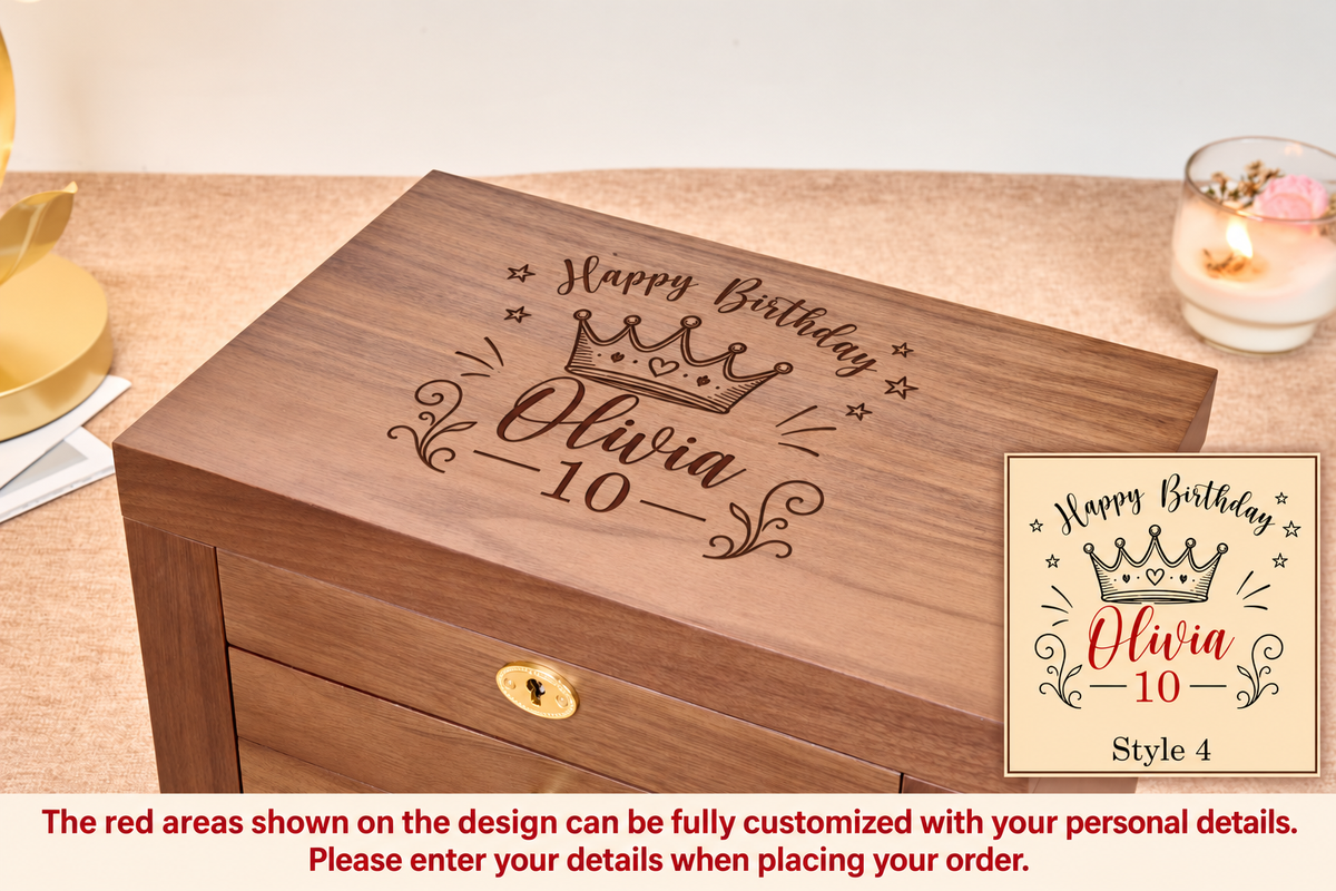 Lockable Walnut Jewelry Box with Lift-Top Mirror, Side Doors & Multiple Drawers