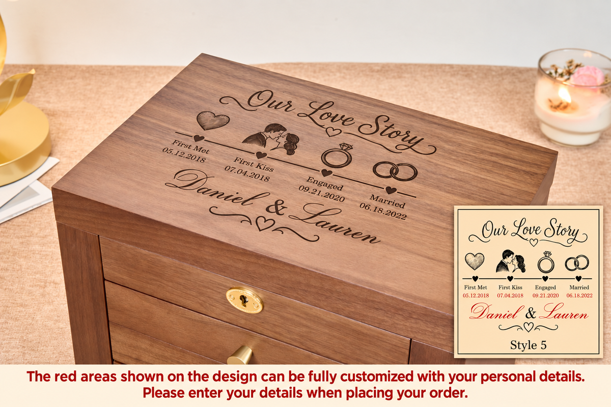 Lockable Walnut Jewelry Box with Lift-Top Mirror, Side Doors & Multiple Drawers