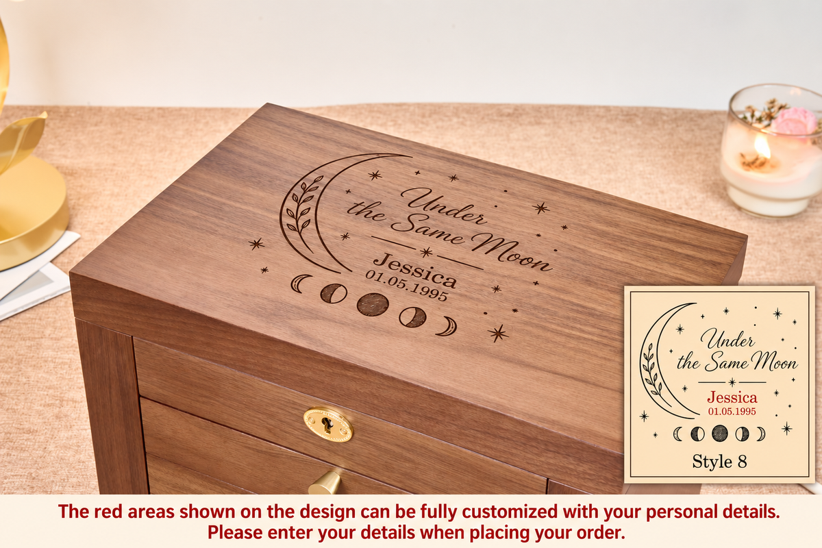 Lockable Walnut Jewelry Box with Lift-Top Mirror, Side Doors & Multiple Drawers