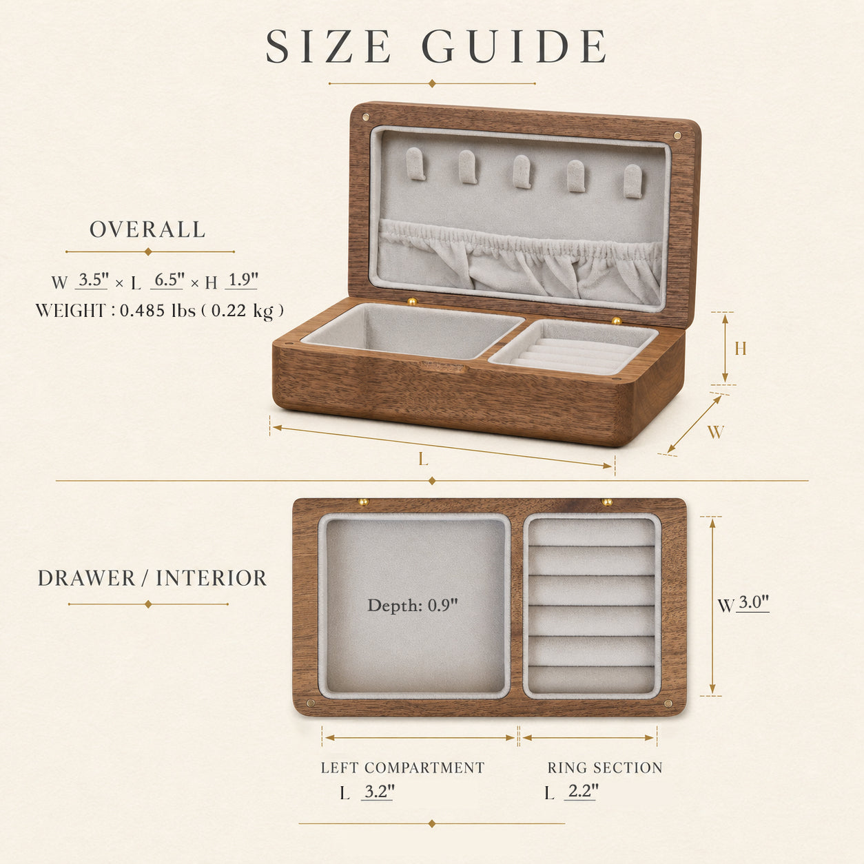 Compact Walnut Jewelry Box with Necklace Hooks & Ring Storage 1
