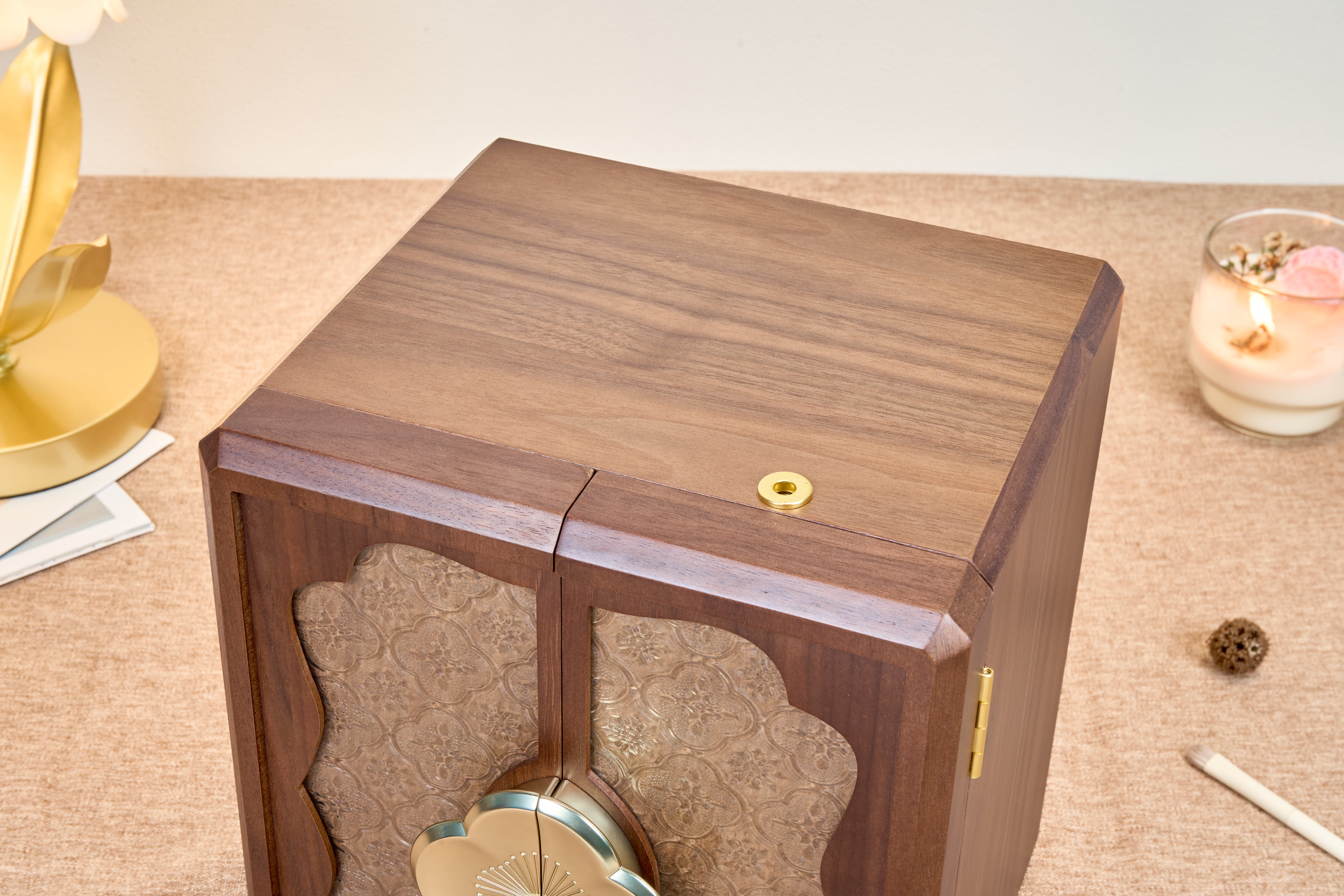 Lockable Walnut Jewelry Cabinet with Flower Hardware & 5 Drawers
