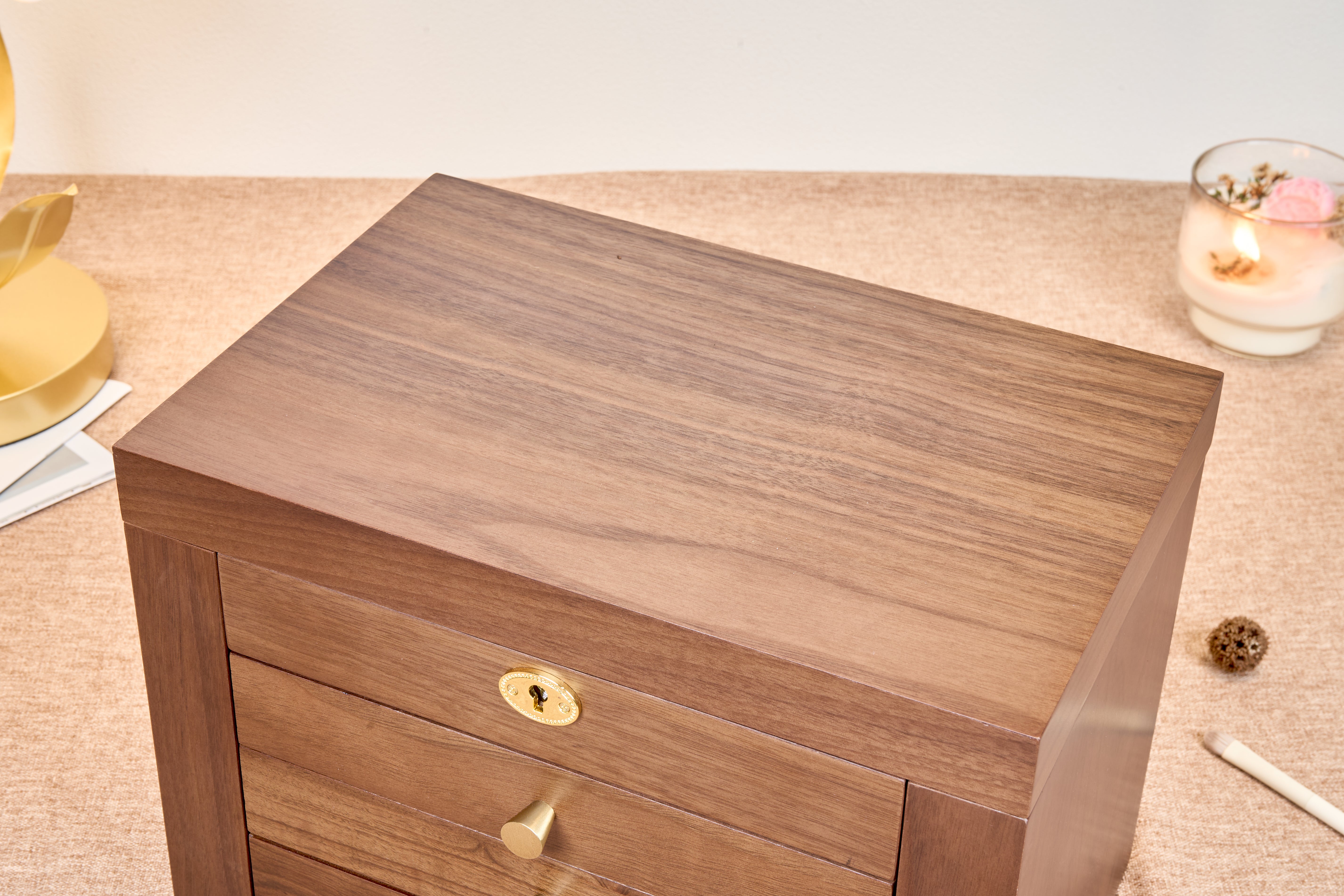 Lockable Walnut Jewelry Box with Mirror, Side Doors & 4 Drawers