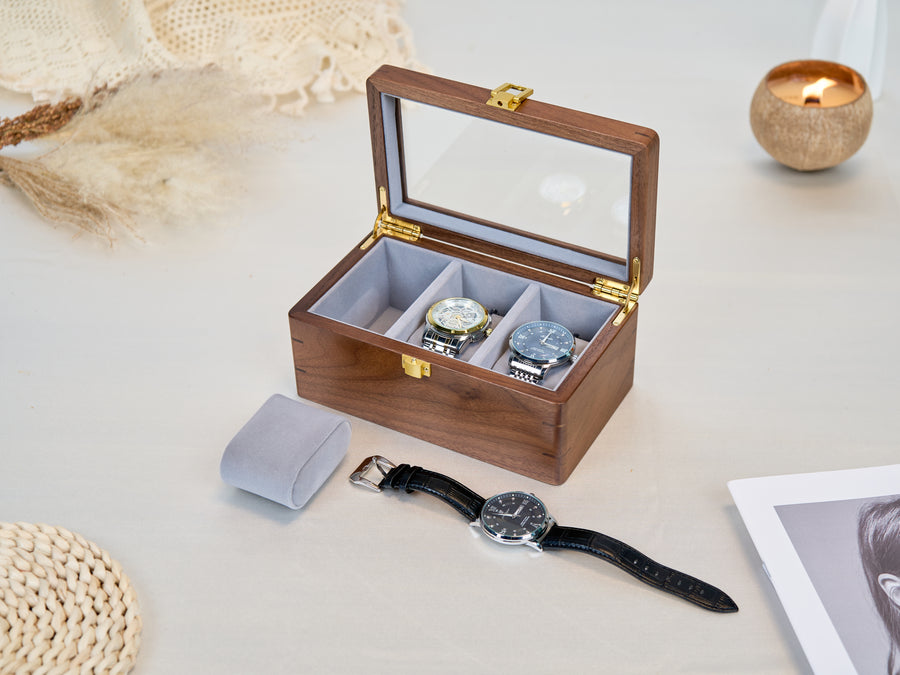 3-Slot Wooden Watch Box with Clear Display Lid