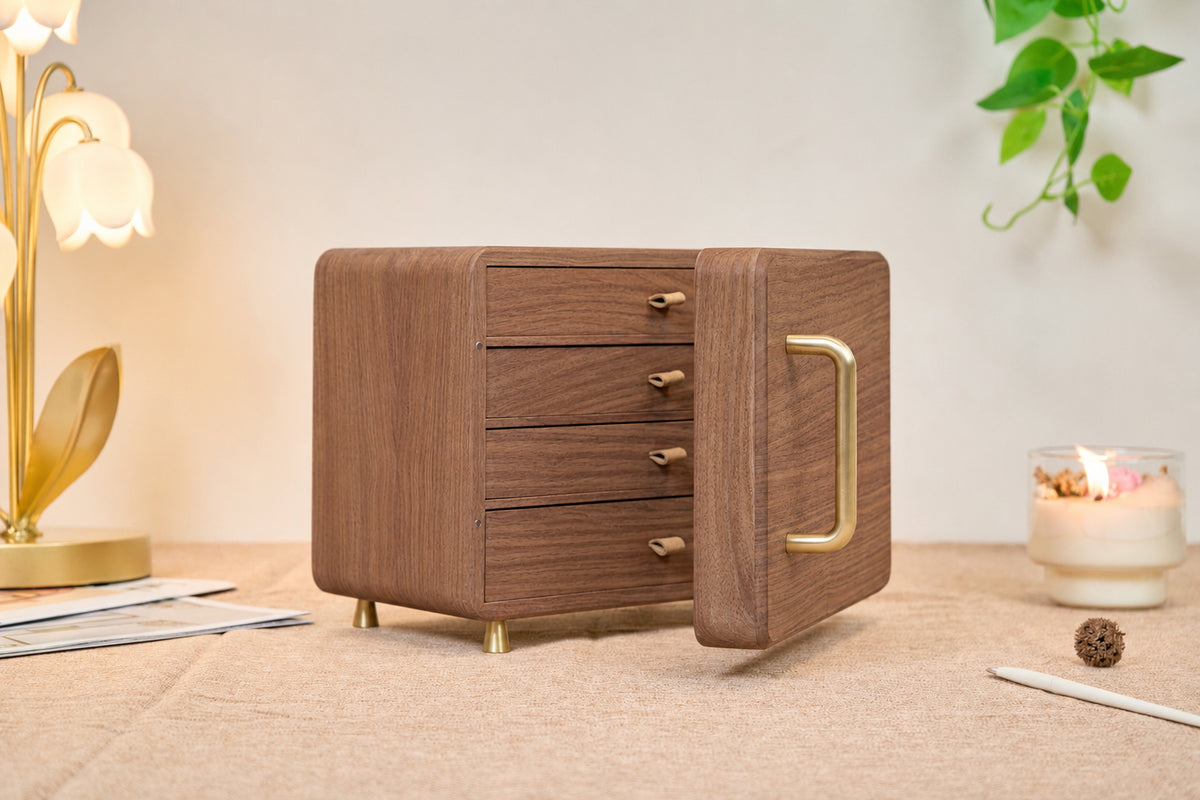 Personalized Walnut Jewelry Cabinet with 4 Drawers & Hooks 5