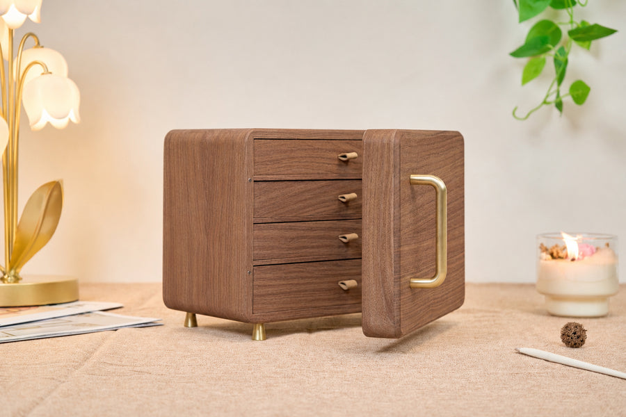 Personalized Walnut Jewelry Cabinet with 4 Drawers & Hooks
