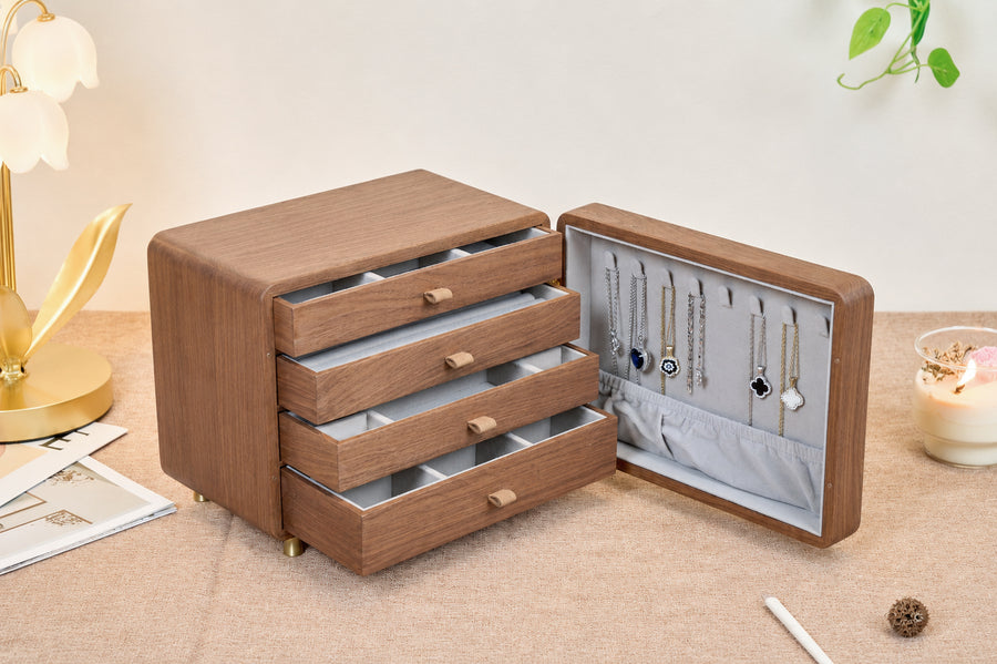 Personalized Walnut Jewelry Cabinet with 4 Drawers & Hooks
