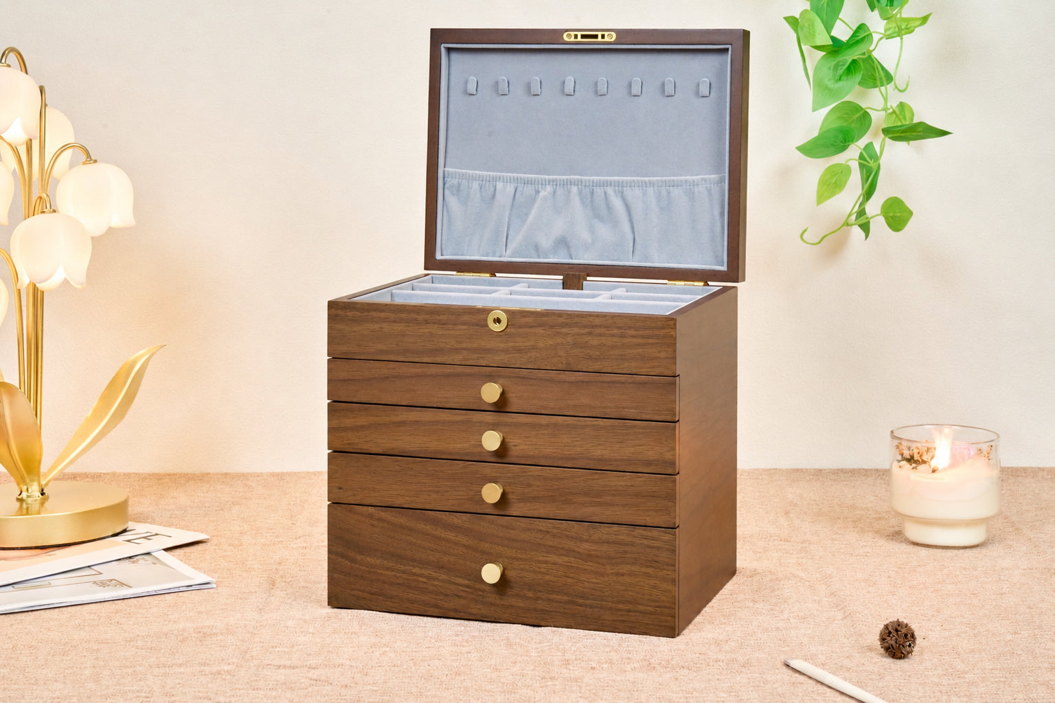 Lockable Walnut Jewelry Box with 4 Drawers & Necklace Hooks 1