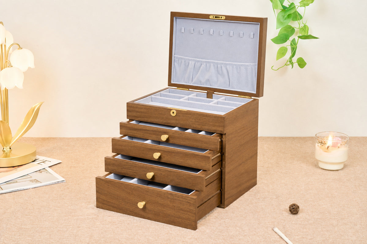Lockable Walnut Jewelry Box with 4 Drawers & Necklace Hooks 3