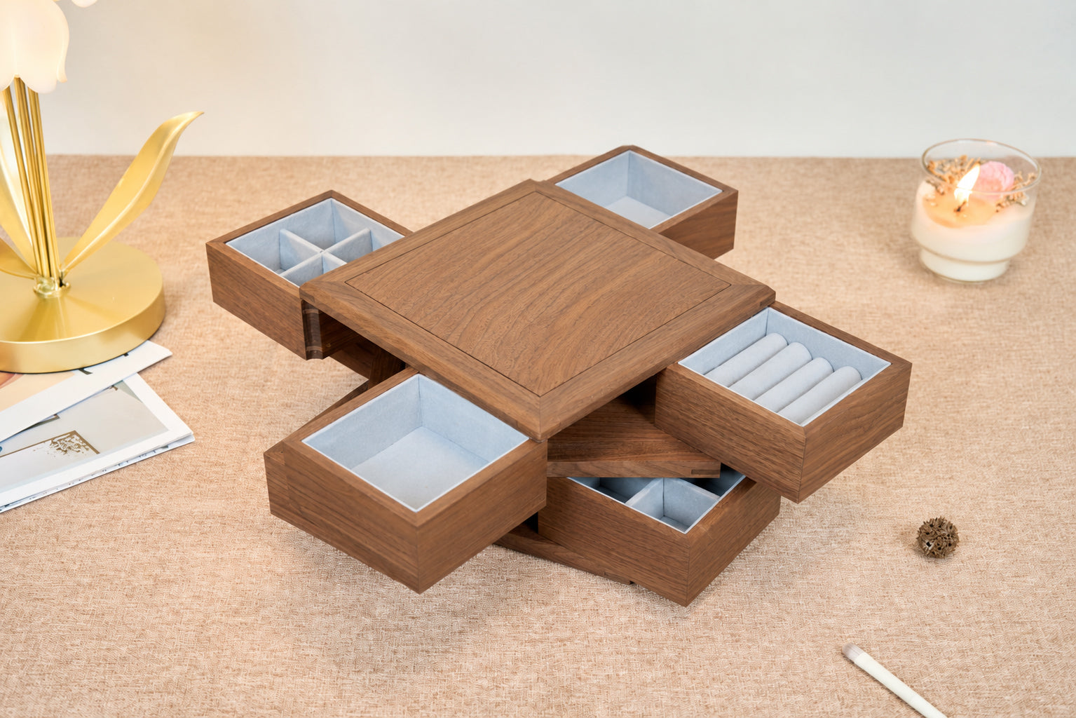 4-Drawer Walnut Jewelry Box with Ring, Watch & Earring Trays 11