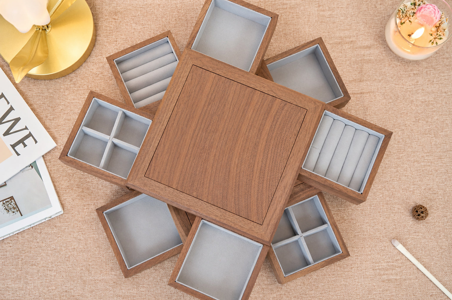 4-Drawer Walnut Jewelry Box with Ring, Watch & Earring Trays 12